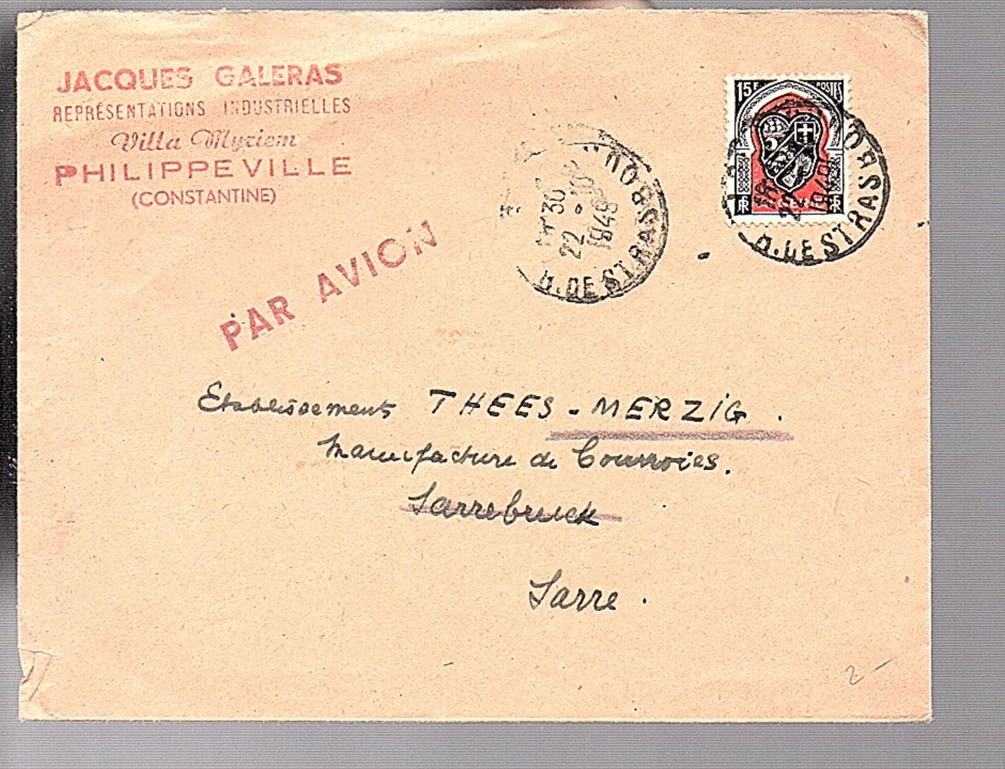 1949 Jacques Galers Villa Myziem Philipville 1949 > Saarland Thees Merzig (328) - Storia Postale