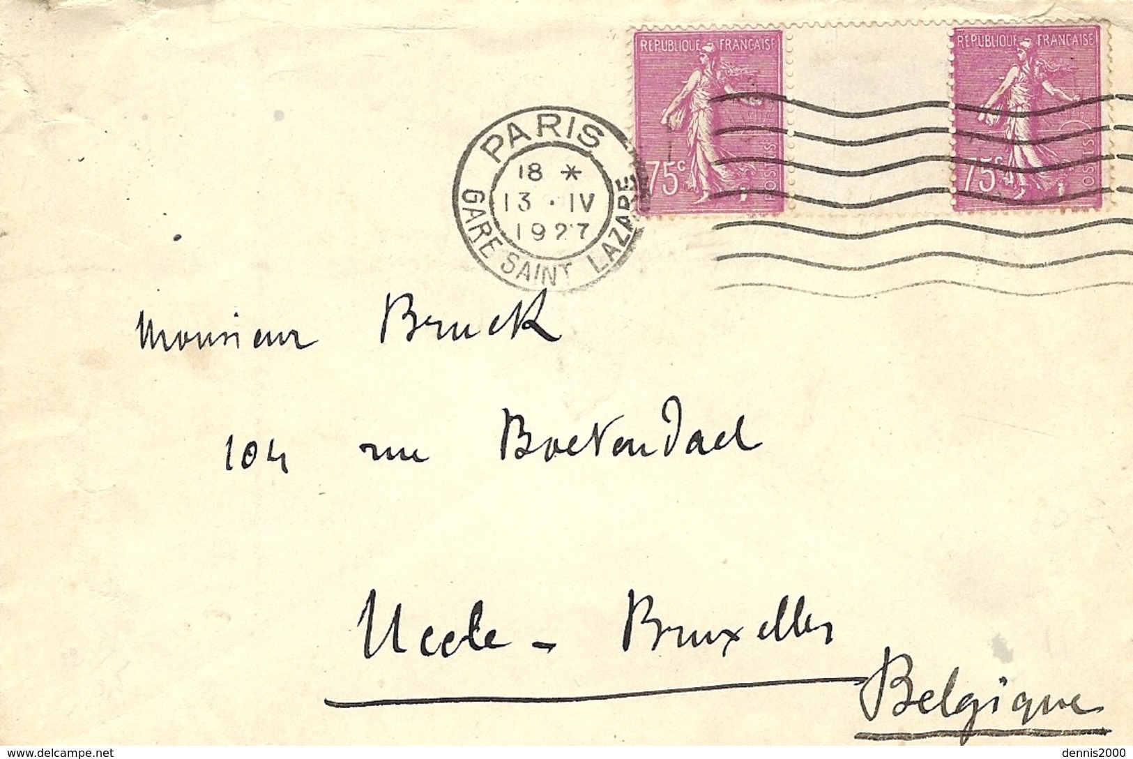 1927- Enveloppe Affr. Paire 75 C N°202 Avec Pont  De Paris Pour La Belgique - 1921-1960: Periodo Moderno