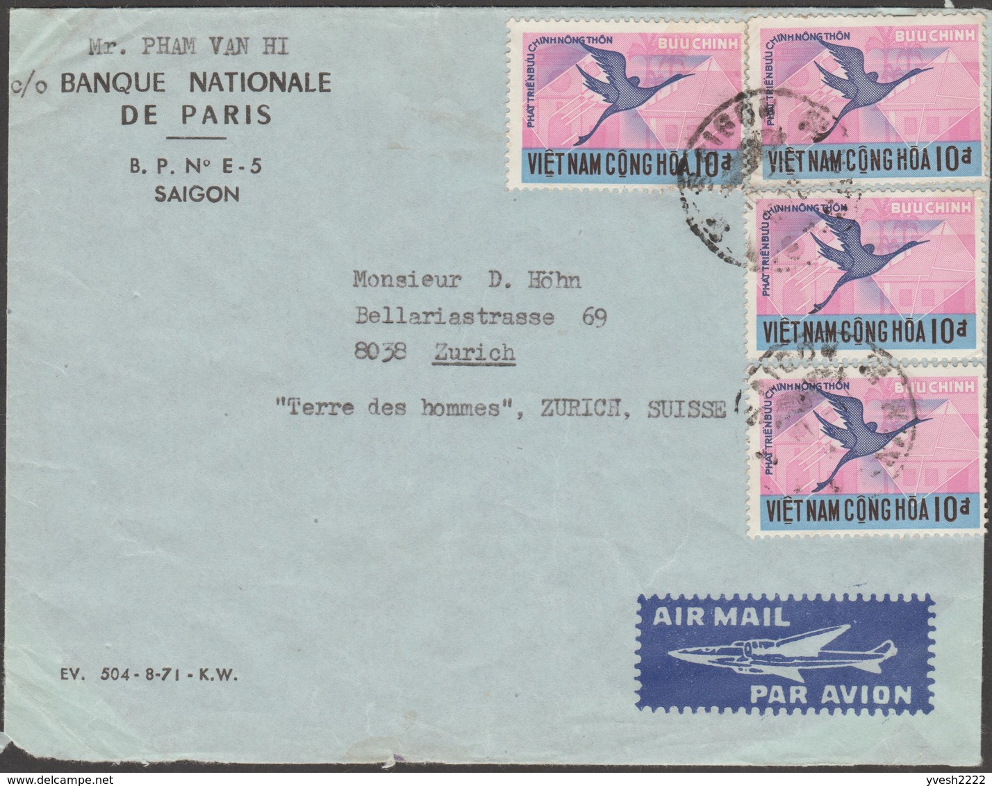 Vietnam Du Sud 1971. 4 Timbres De Poste Aérienne Grue Sur La Ville. Banque Nationale De Paris, Pour Zurich - Grues Et Gruiformes