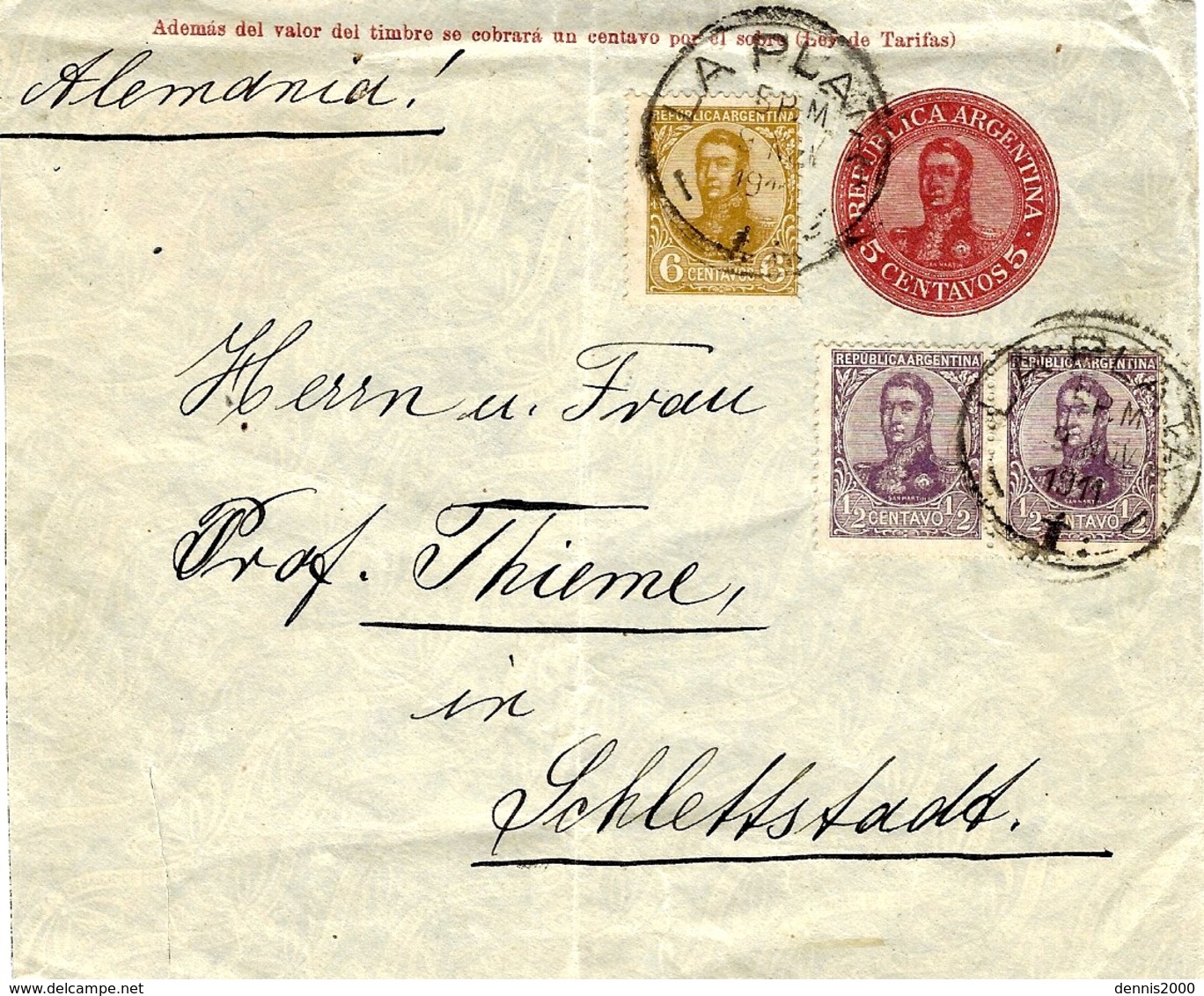 1911- Enveloppe De La Plata  E P  5 Centavos + Compl. 7 Centavos Pour L'Allemagne - Lettres & Documents