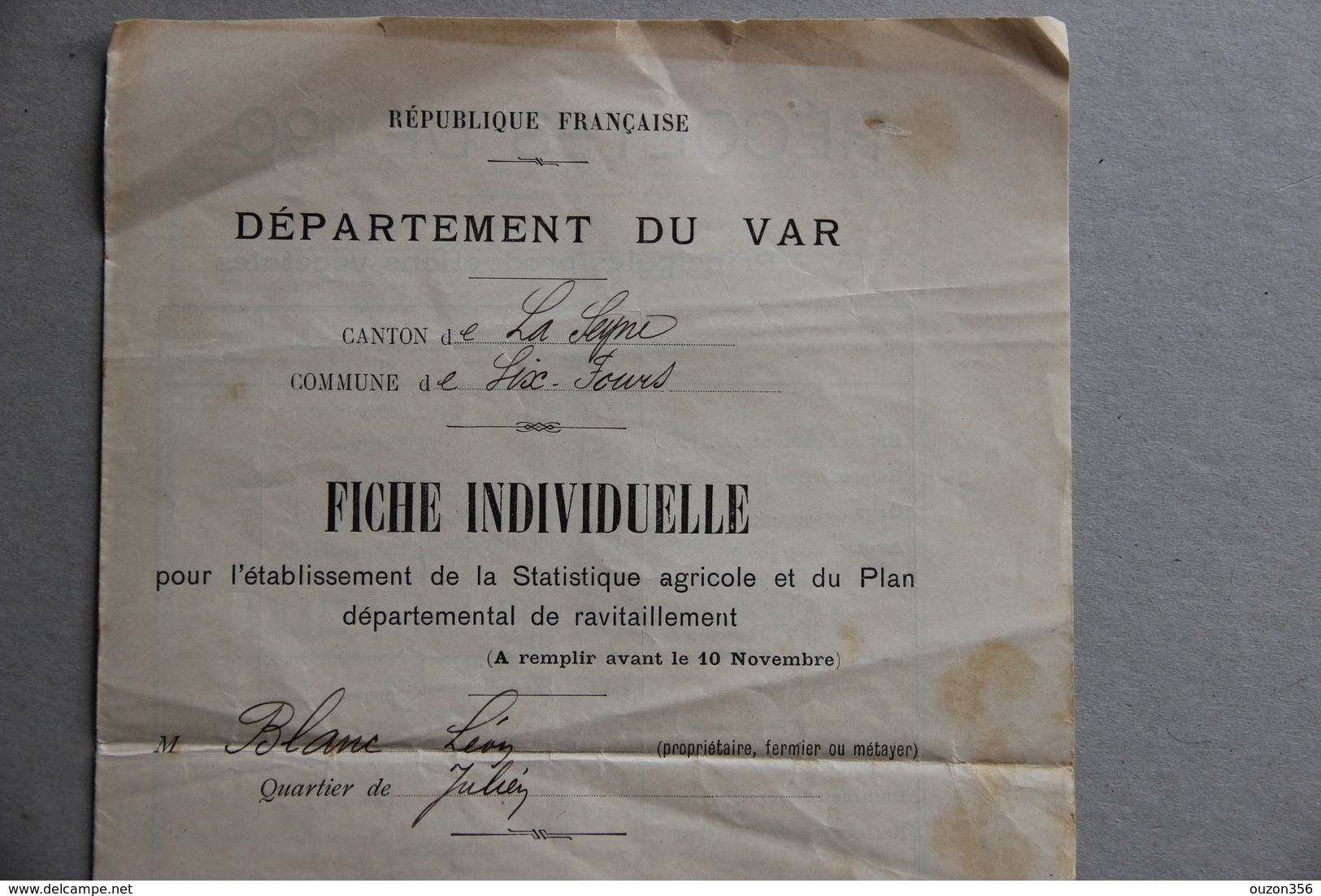 Fiche Statistique Agricole Plan Départemental Ravitaillement, Six-Fours (Var), Vers 1902 - Verzamelingen
