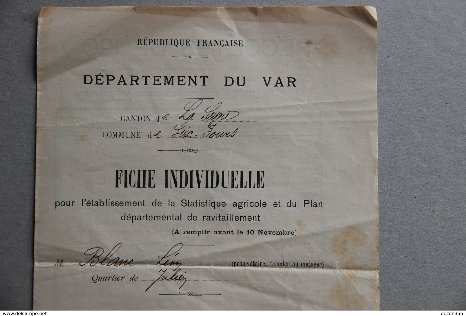 Fiche Statistique Agricole Plan Départemental Ravitaillement, Six-Fours (Var), Vers 1902 - Collections