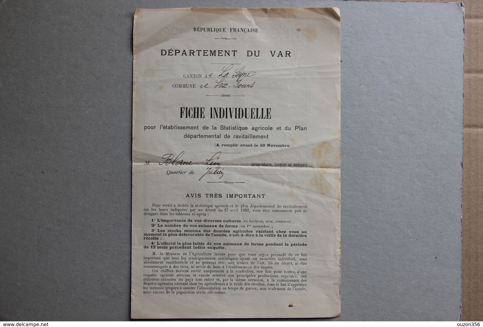 Fiche Statistique Agricole Plan Départemental Ravitaillement, Six-Fours (Var), Vers 1902 - Collezioni