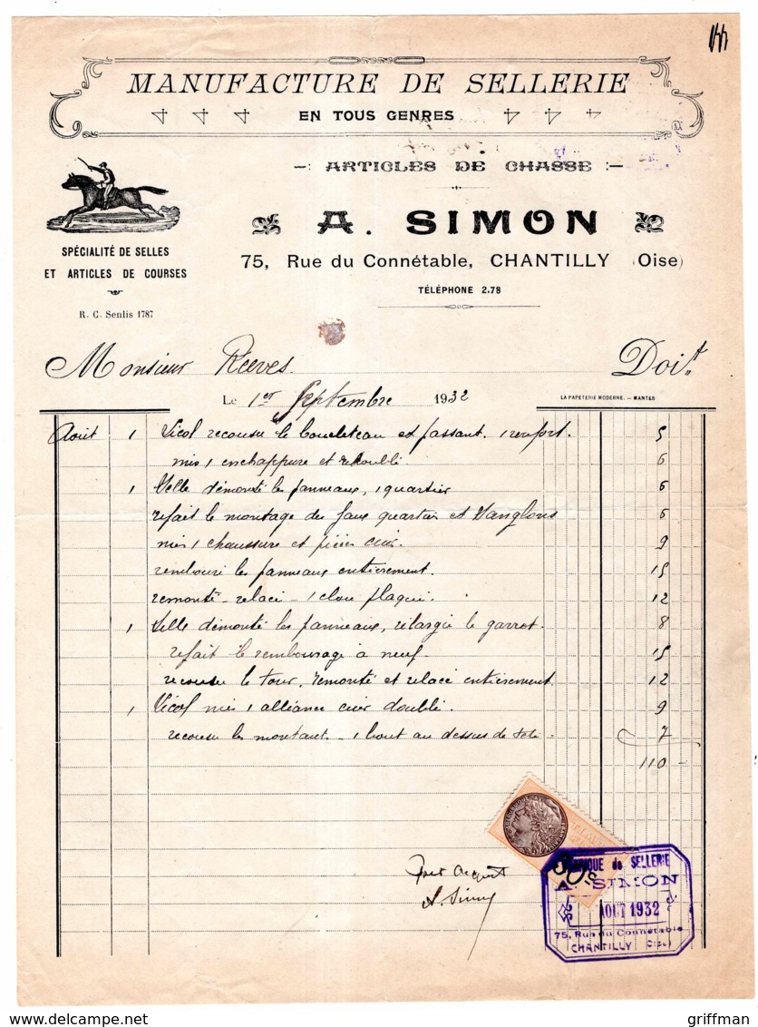 CHANTILLY OISE 75 RUE DU CONNETABLE A. SIMON MANUFACTURE DE SELLERIE SPECIALITE DE SELLES ET ARTICLES DE COURSES 1932 - 1900 – 1949