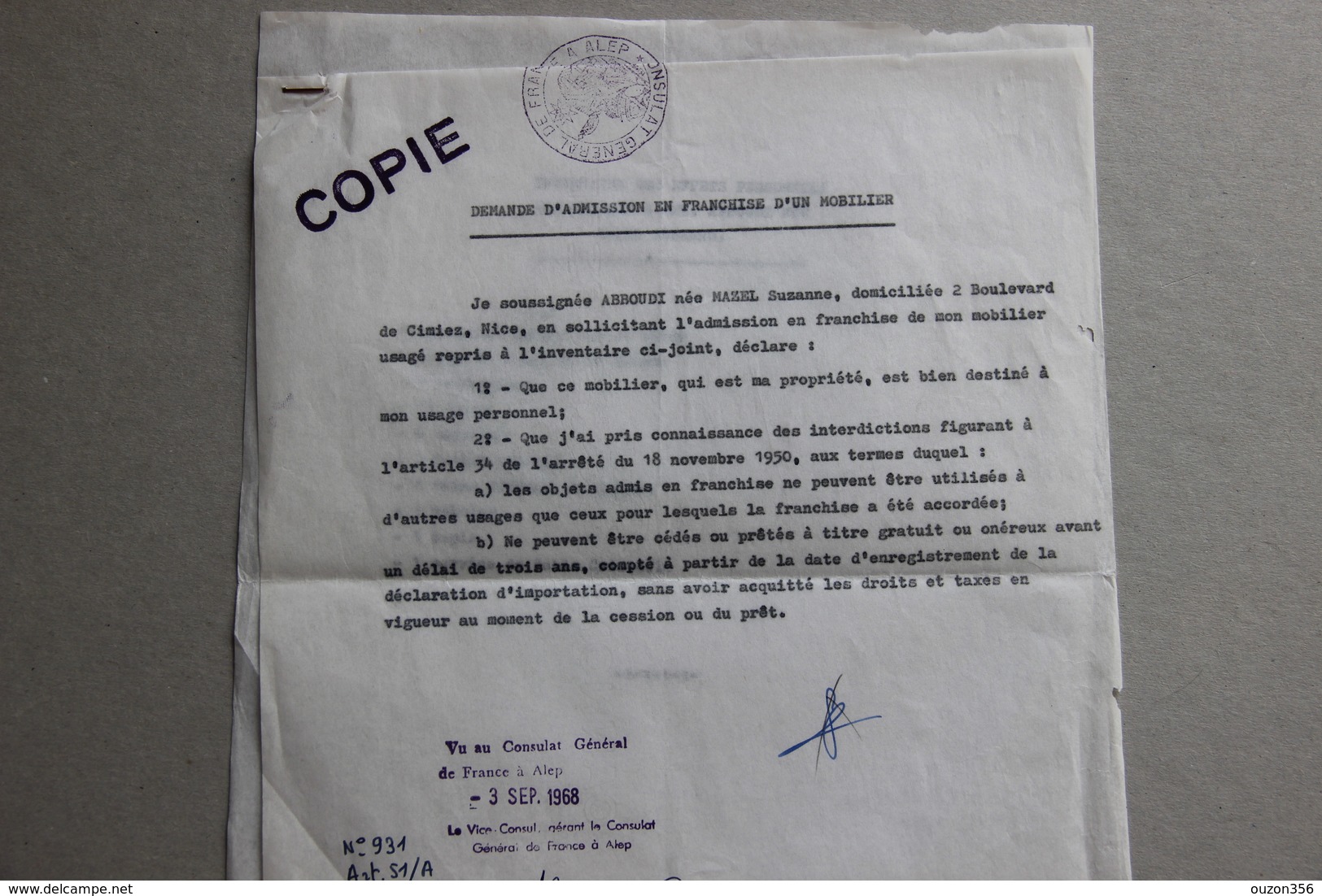 Demande Admission En Franchise Mobilier, Consulat De France à Alep (Syrie), 1968 - Collections
