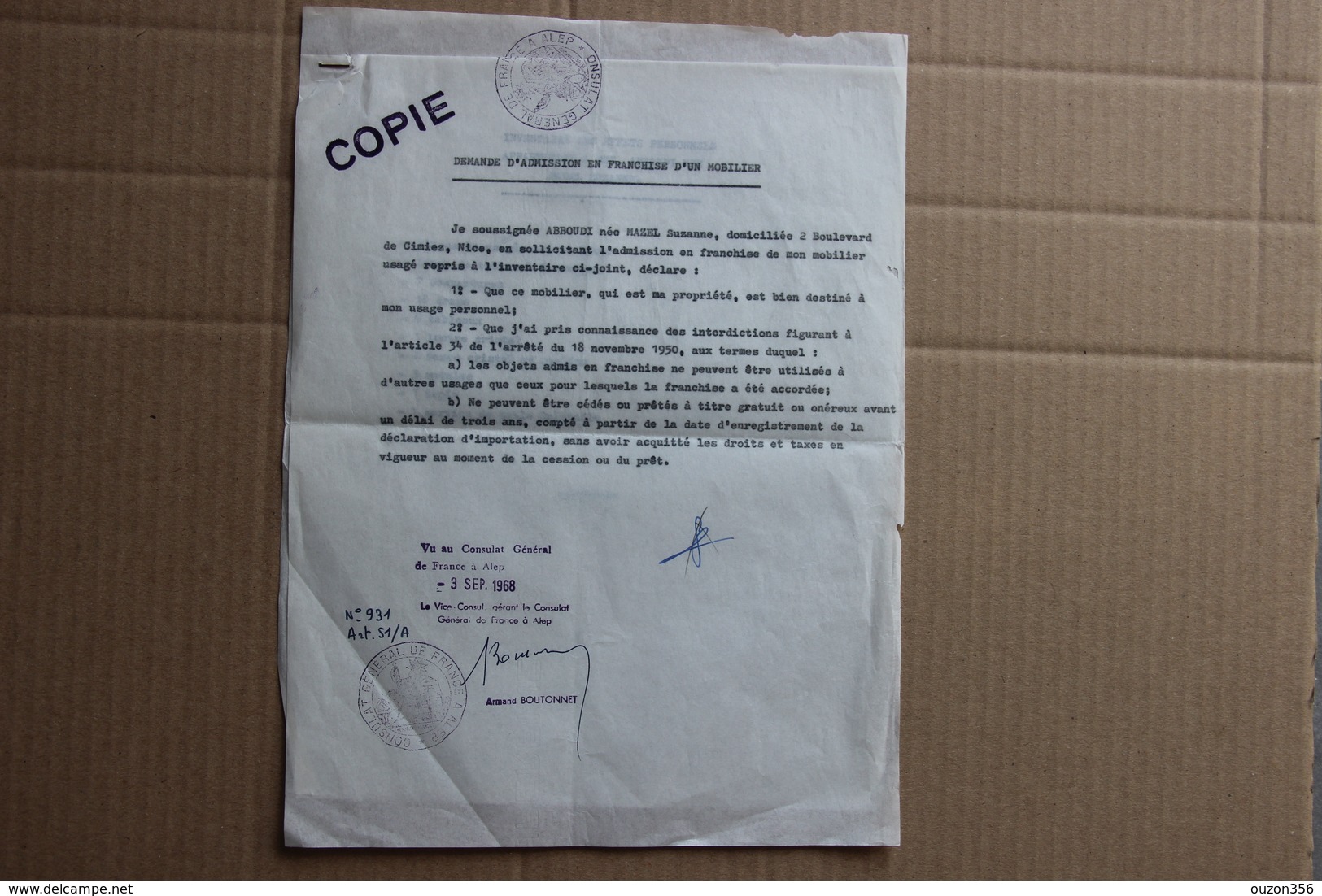 Demande Admission En Franchise Mobilier, Consulat De France à Alep (Syrie), 1968 - Collections