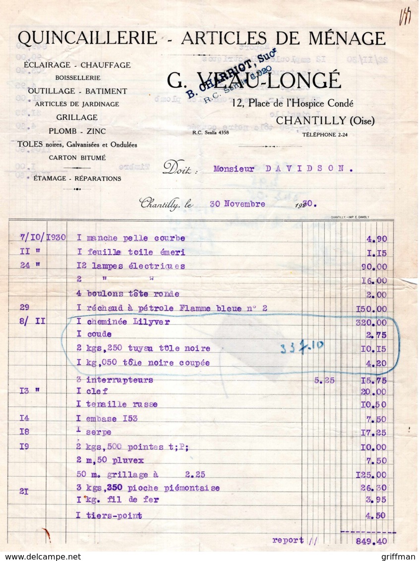 CHANTILLY OISE 12 PLACE DE L'HOSPICE CONDE G. VEAU LONGE QUINCAILLERIE ARTICLES DE MENAGE 1930 - 1900 – 1949