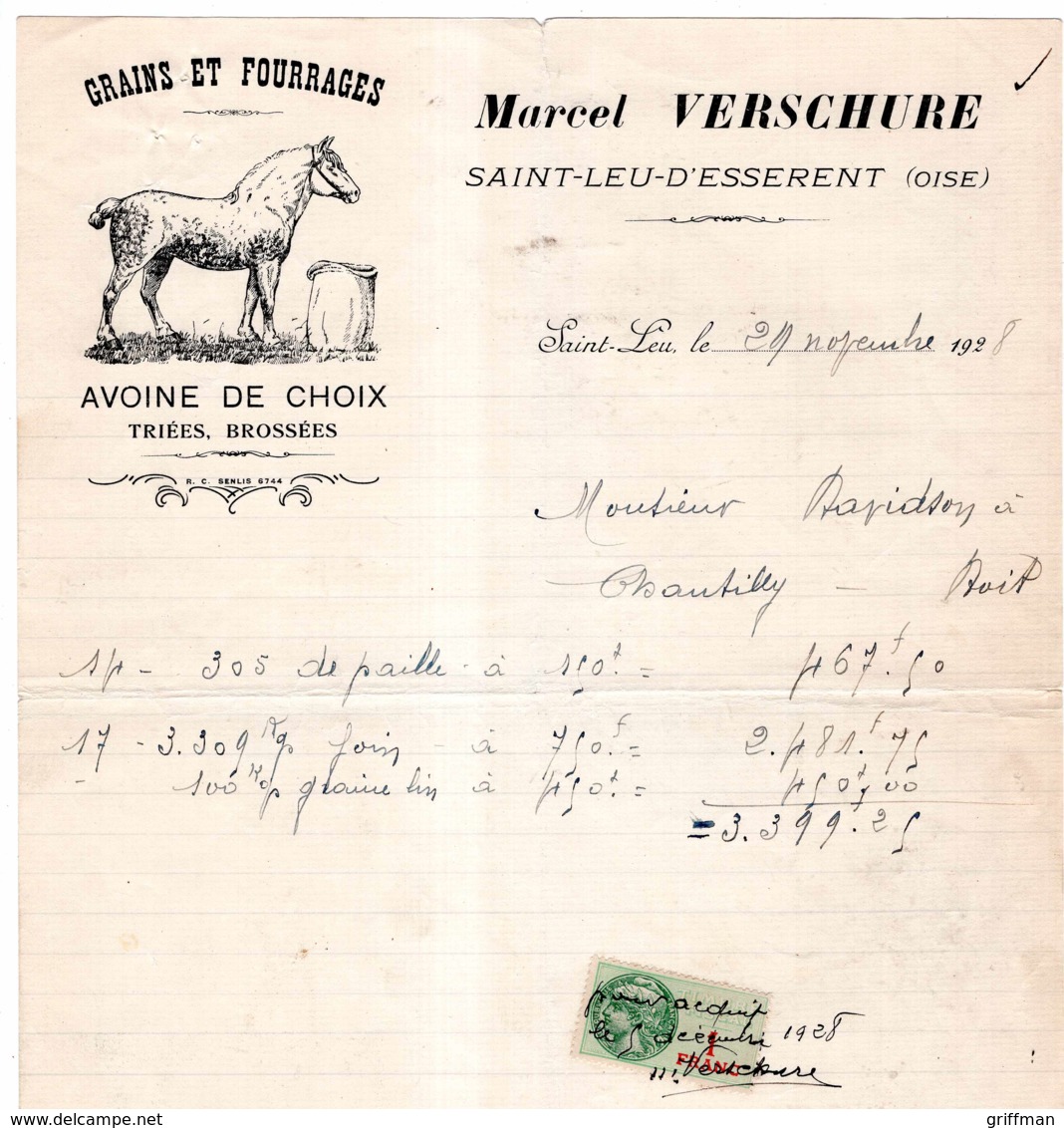 SAINT LEU D'ESSERENT OISE MARCEL VERSCHURE GRAINS ET FOURRAGES AVOINE POUR CHEVAUX 1928 - 1900 – 1949