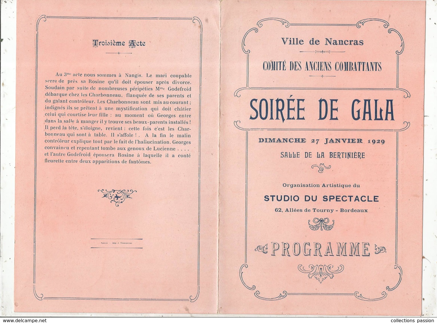 Programme, Ville De NANCRAS,17, Comité Des Anciens Combattants ,soirée De Gala, 1929,  , 2 Scans ,frais Fr 1.55 E - Programma's