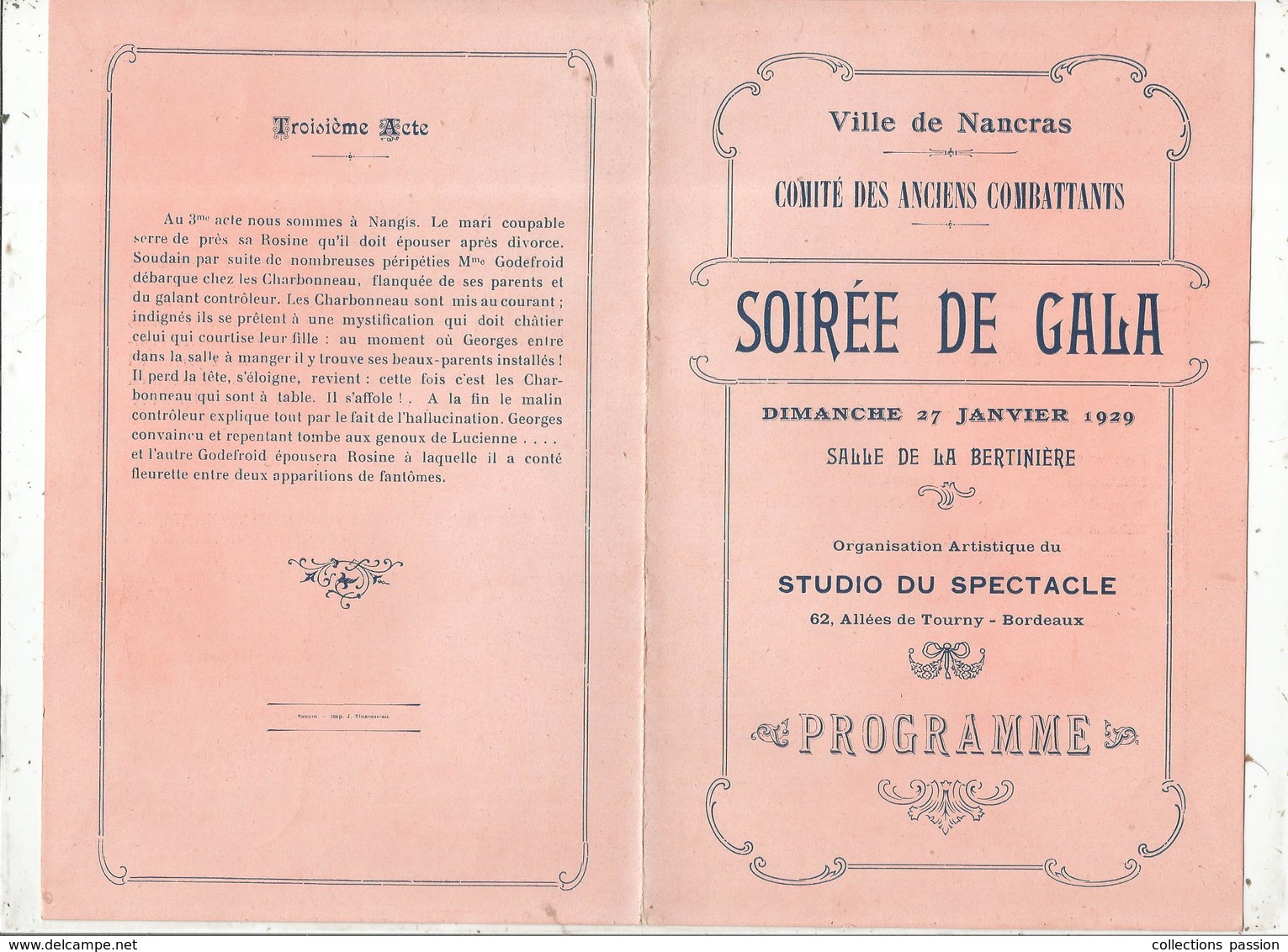Programme, Ville De NANCRAS,17, Comité Des Anciens Combattants ,soirée De Gala, 1929,  , 2 Scans ,frais Fr 1.55 E - Programmes