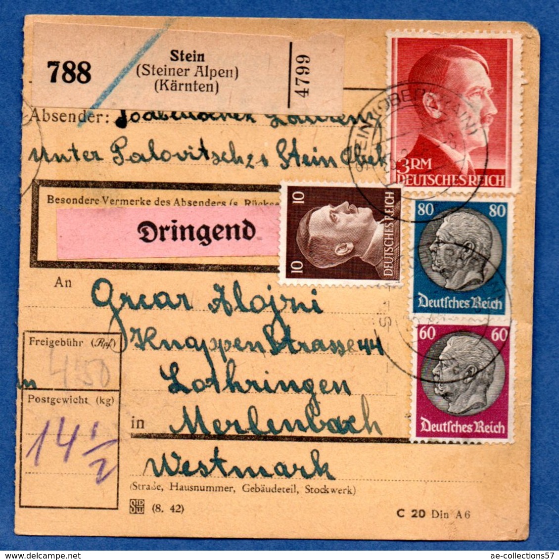 Colis Postal  -   Départ  Stein -  Affranchissement Mixte  -  27/2/1943 - Lettres & Documents