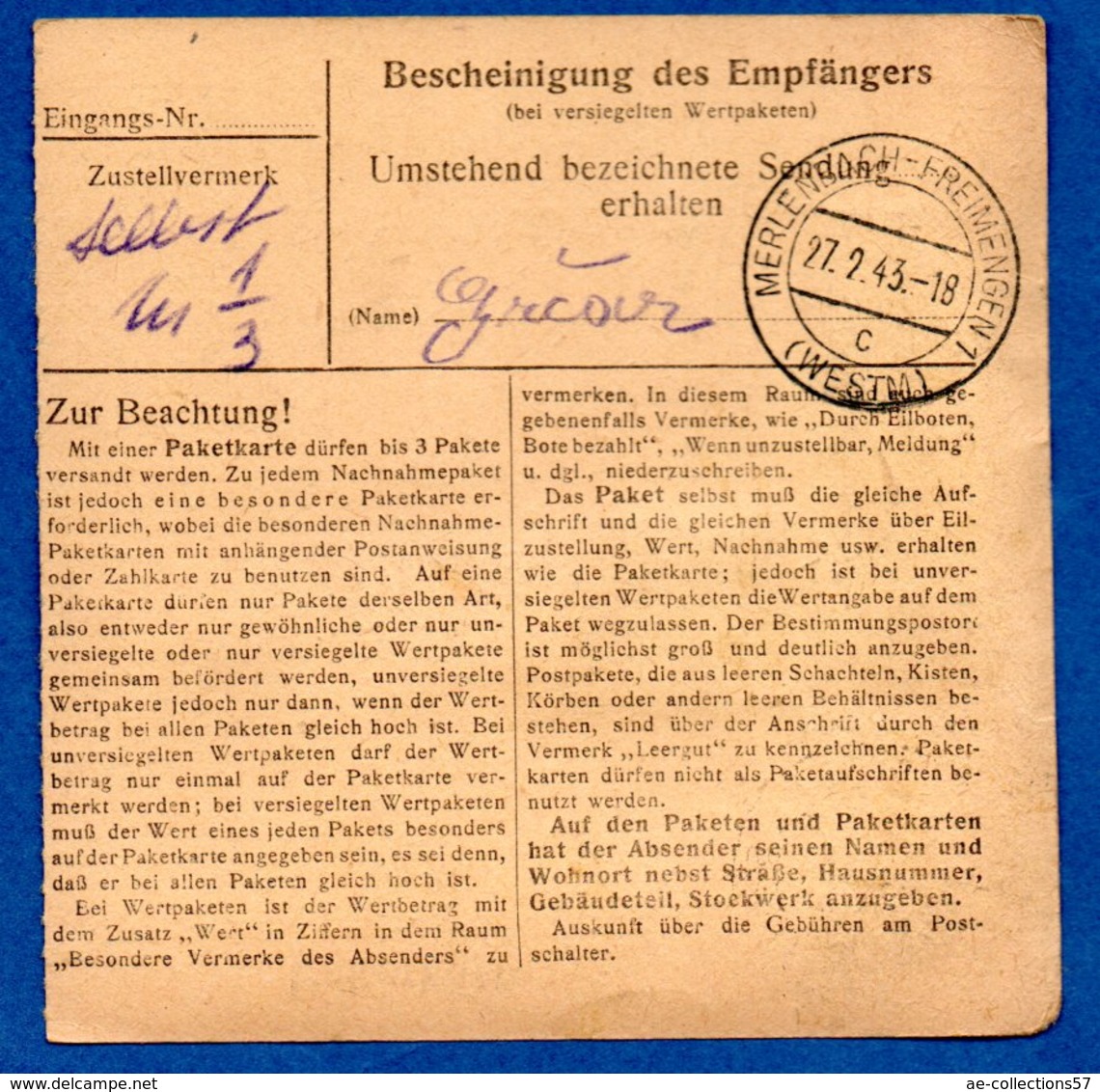 Colis Postal  -   Départ  Stein -  Affranchissement Mixte  -  27/2/1943 - Lettres & Documents