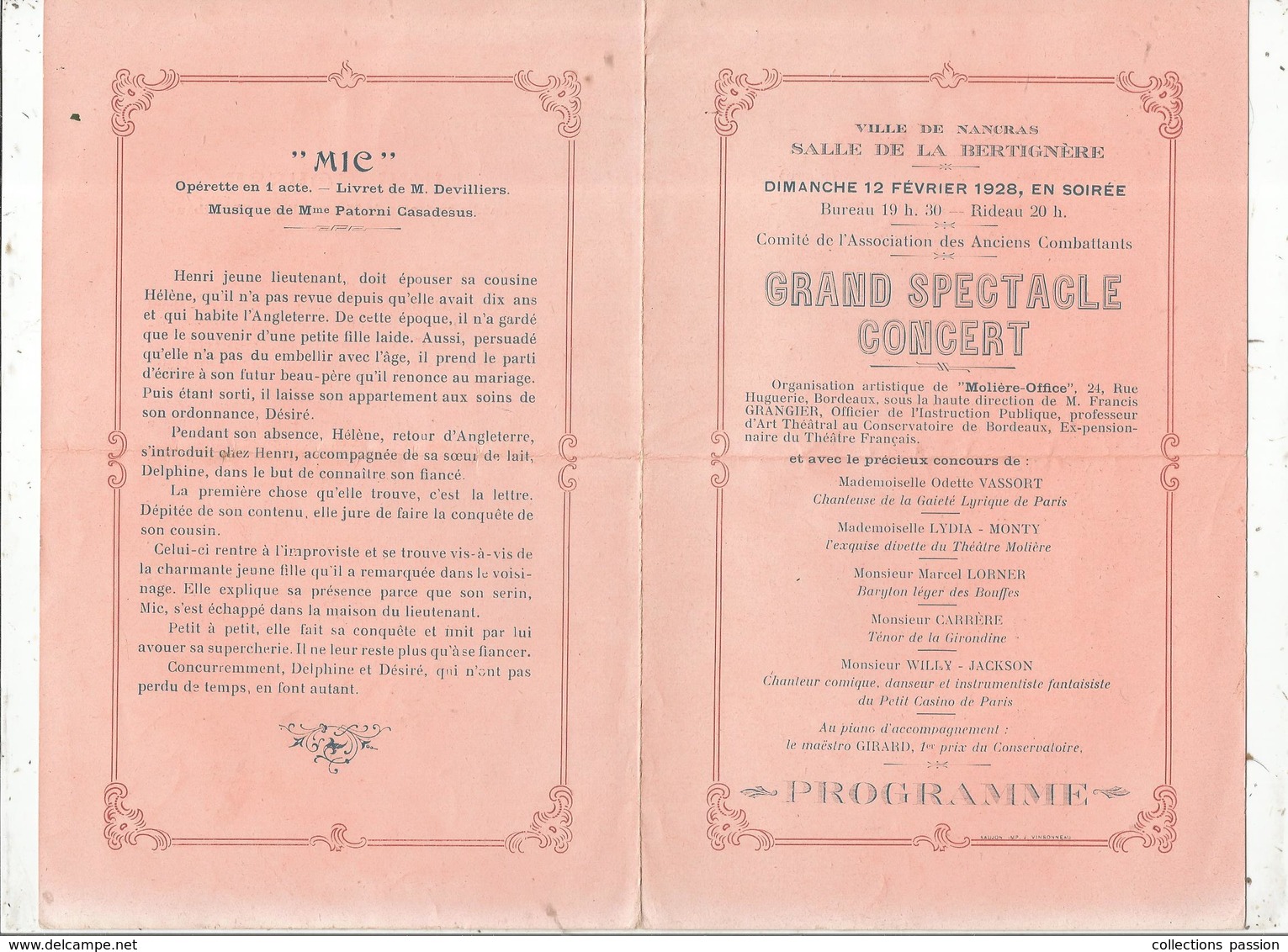Programme, Ville De NANCRAS,17, GRAND SPECTACLE CONCERT, Salle De La Bertignère, 1928,  , 2 Scans ,frais Fr 1.55 E - Programma's