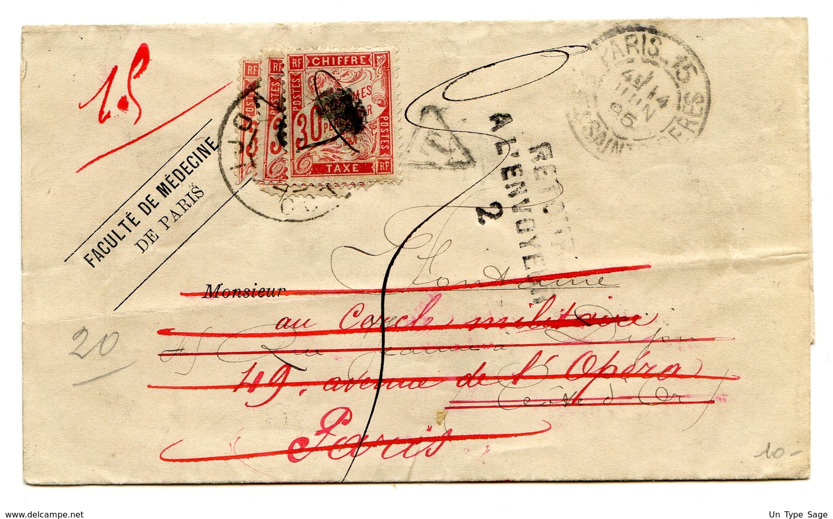 France - Lettre De 1895 Taxée 3 Fois (Taxe N°33), Avec Cachets Taxe, Refusé Et Retour à L'envoyeur - (B1234) - 1877-1920: Période Semi Moderne