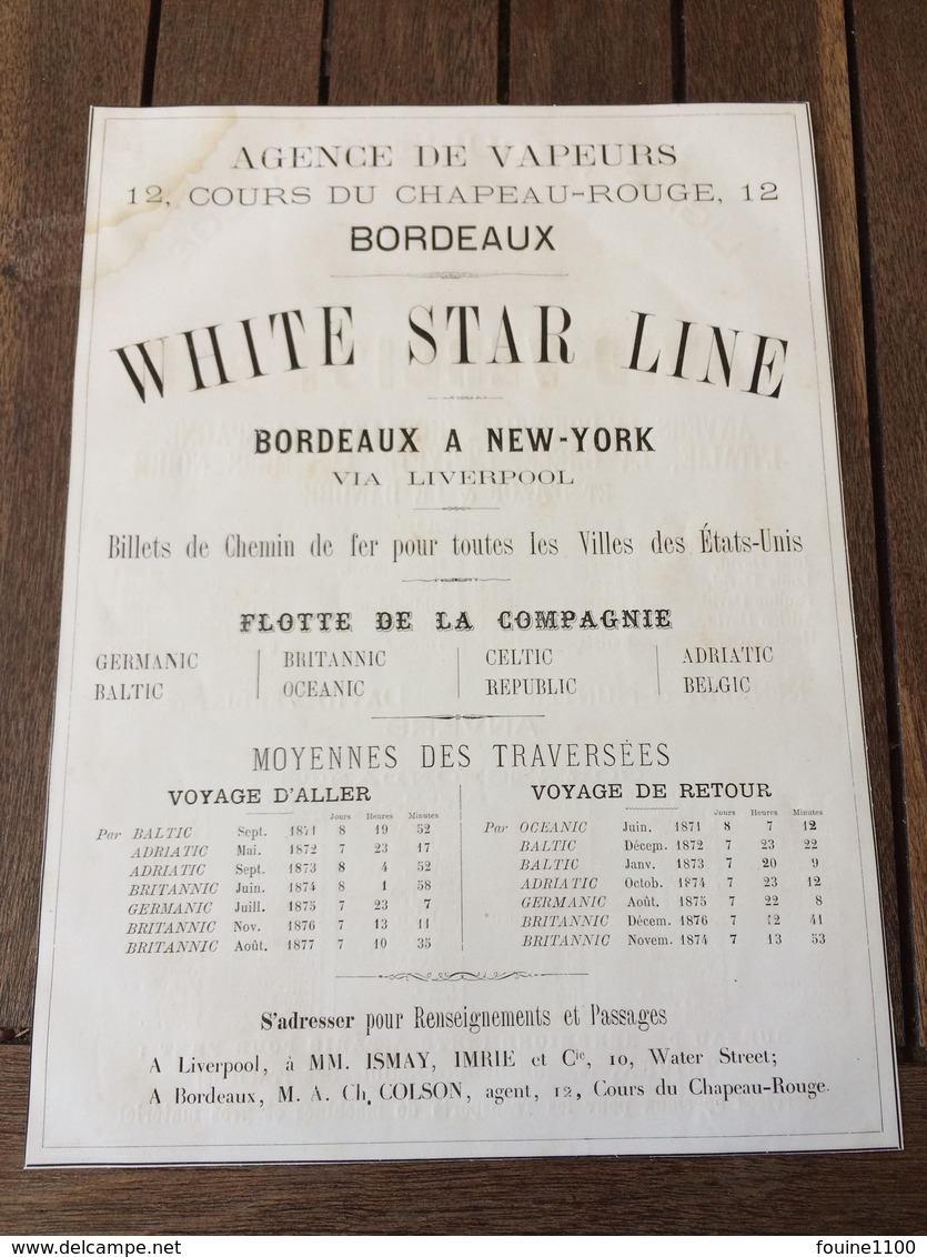 Paquebot Steamer Ligne Régulière Belge Armateur DAVID VERBIST à ANVERS White Star Line BORDEAUX à NEW YORK Liverpool - 1800 – 1899