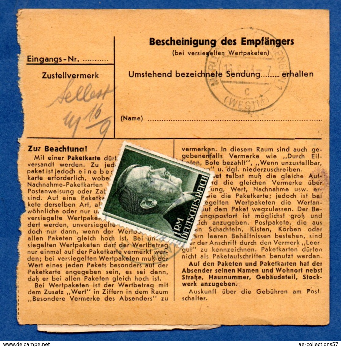 Colis Postal  -   Départ  Reisen  -- 16/9/1943 - Covers & Documents