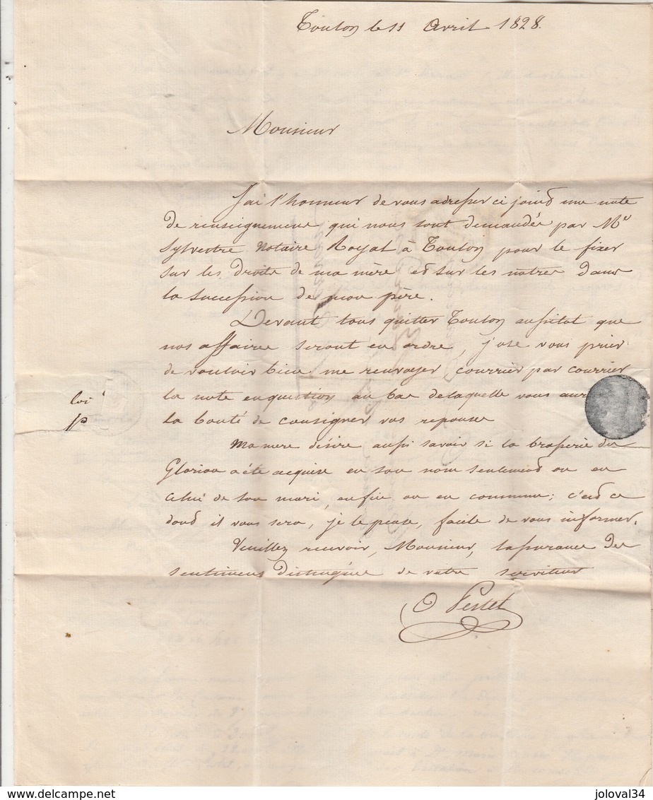 Lettre Marque Postale 78 TOULON SUR MER Var 12/4/1828 Pour Bourdin St Servan- Texte 3 Pages - 1801-1848: Precursors XIX