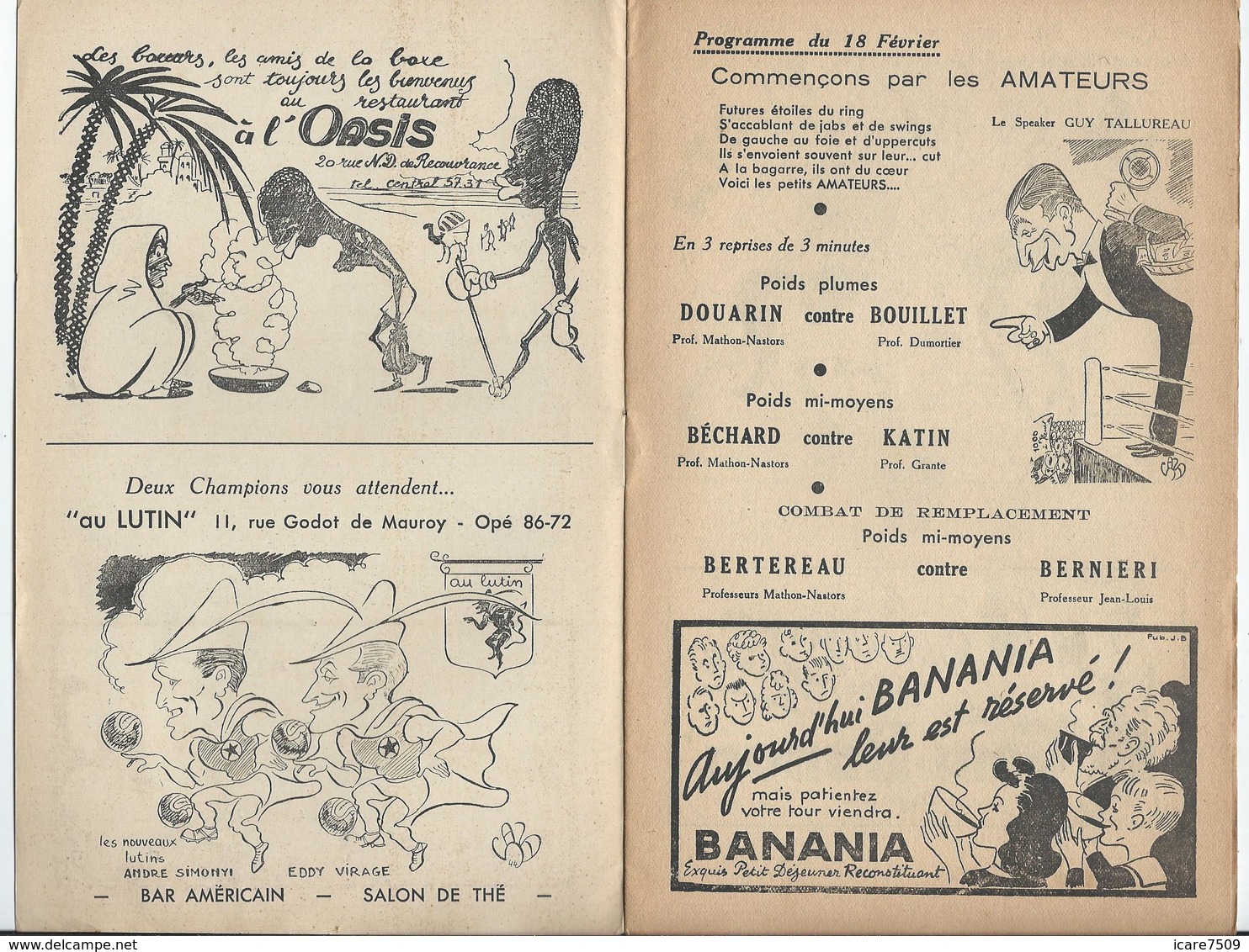 PARIS - BOXE Au Palais De Glace, Réunion Du 18 Février  - 12 Pages Nombreuses Pub. Dont Banania Et Bar Américain - Programmes