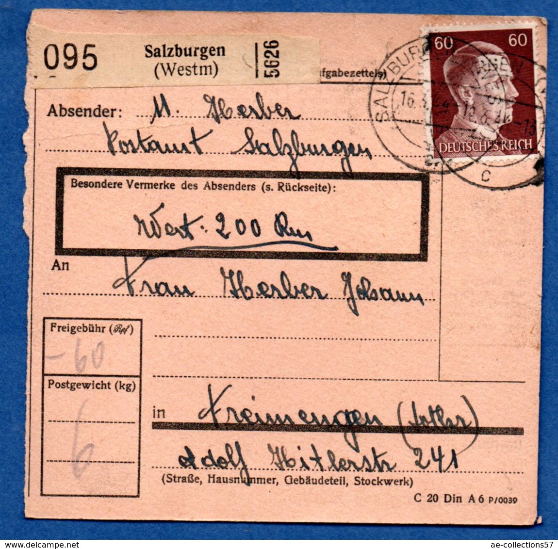 Colis Postal  -   Départ  Salzburgen  ( Château Sallins ) --  16/4/1944 - Briefe U. Dokumente