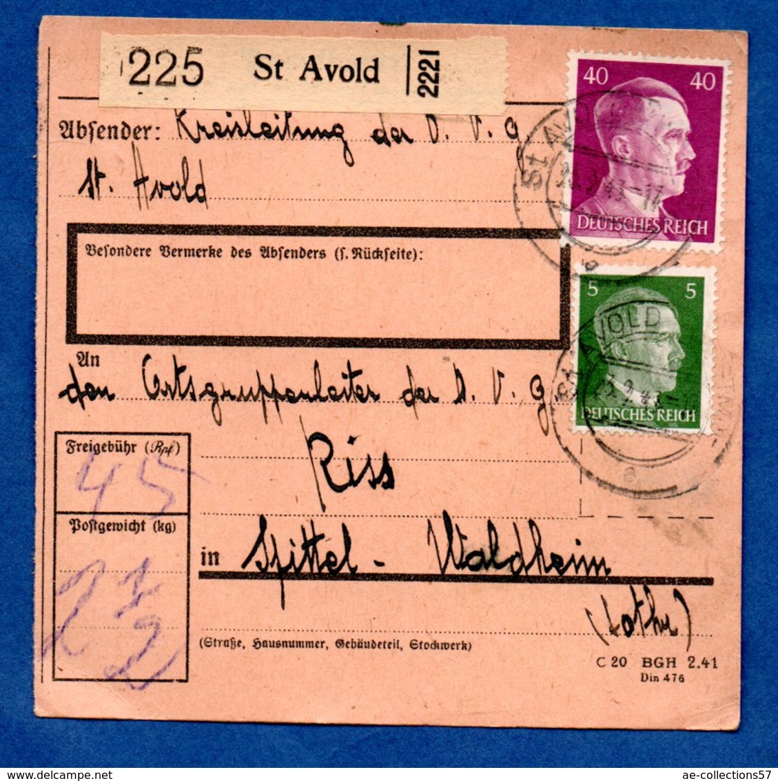 Colis Postal  -   Départ St Avold -  23/2/1943 - Brieven En Documenten