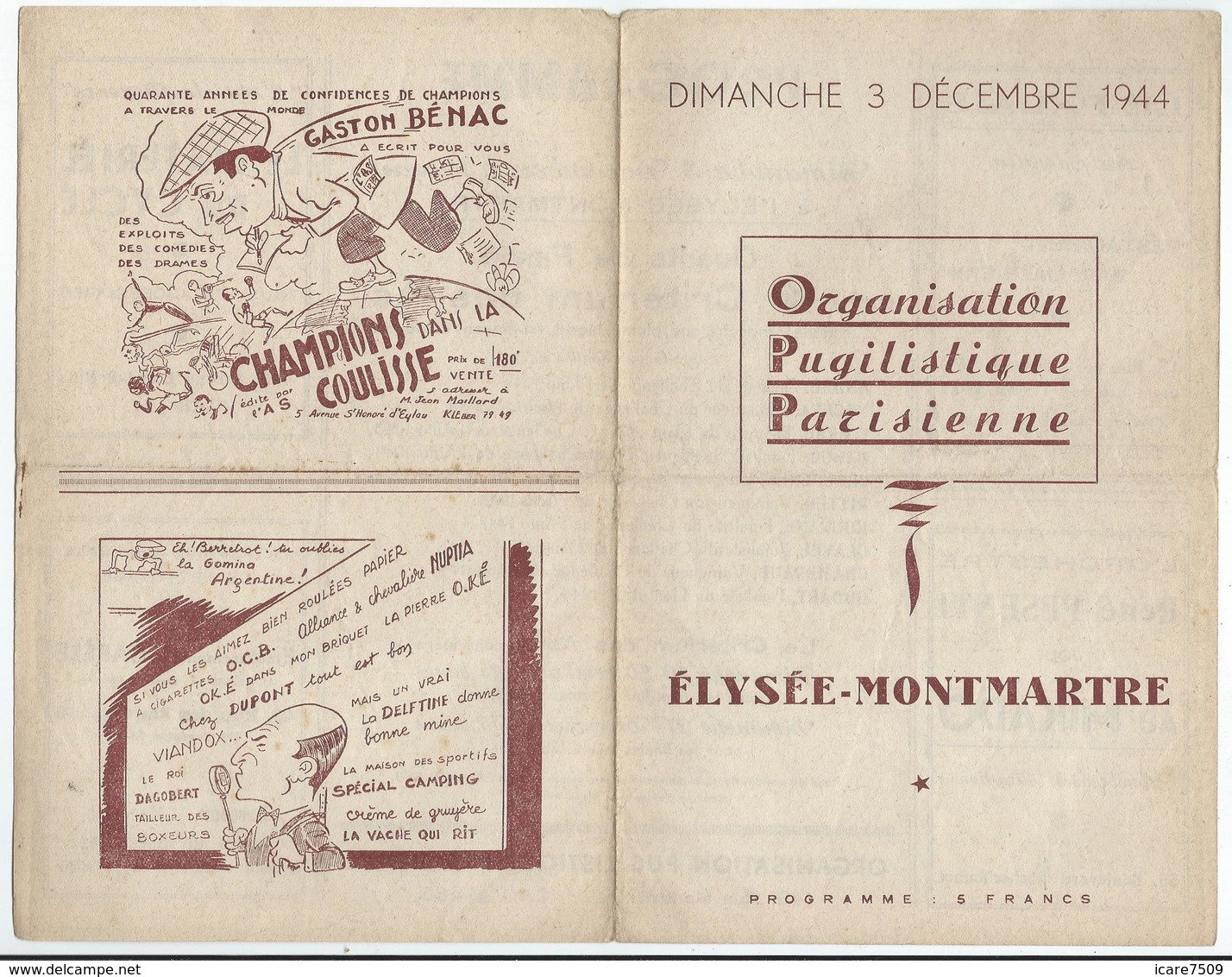 PARIS - BOXE à L'ELYSEE-MONTMARTRE Le Dimache 3 Décembre 1944 - 4 Pages - Programmes