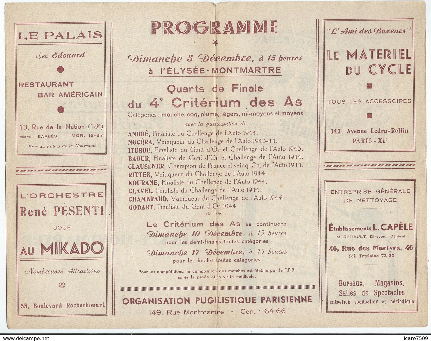 PARIS - BOXE à L'ELYSEE-MONTMARTRE Le Dimache 3 Décembre 1944 - 4 Pages - Programmes