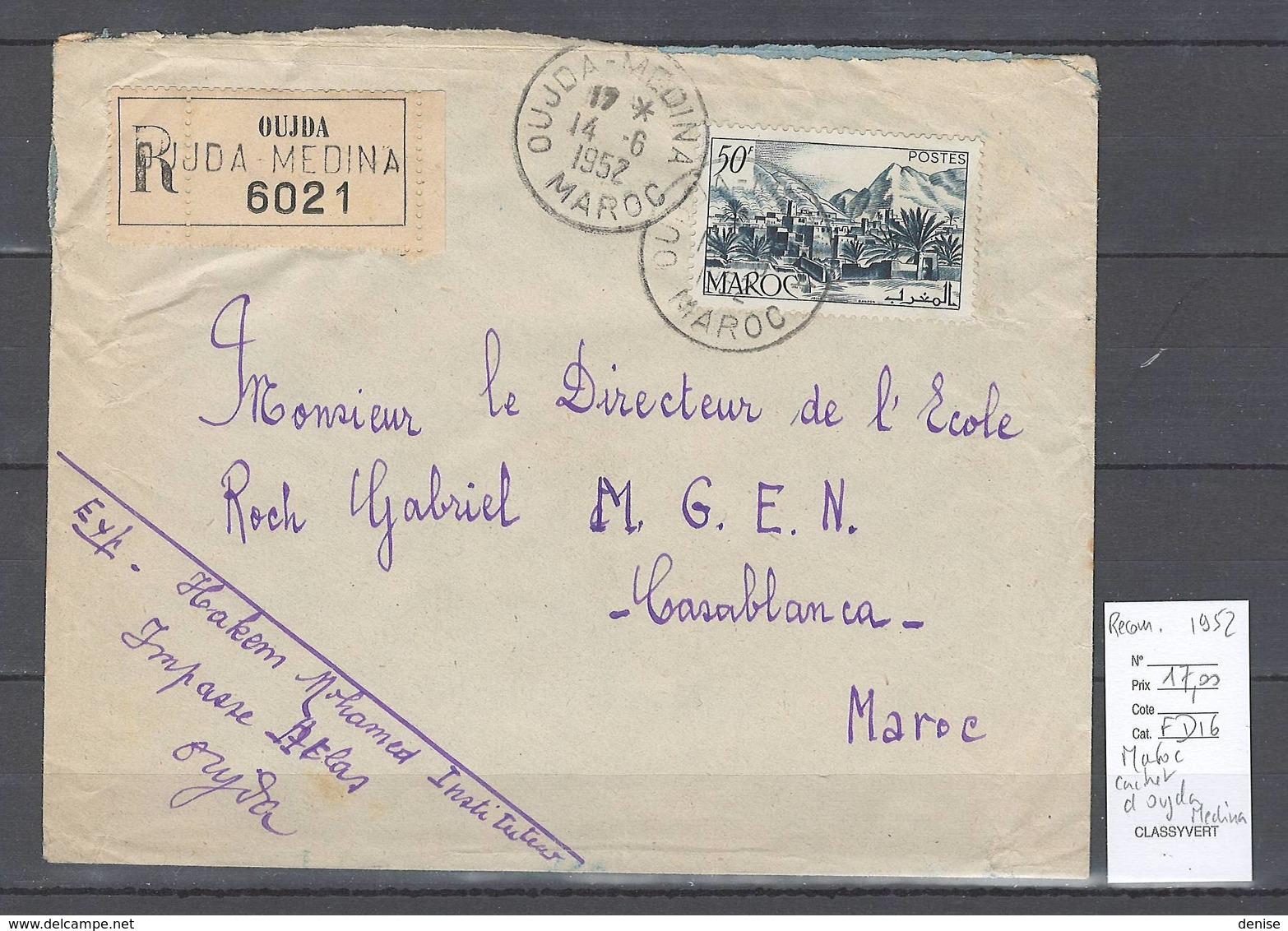 Maroc - Cachet De Oujda Medina - 1952-  Marcophilie - Covers & Documents