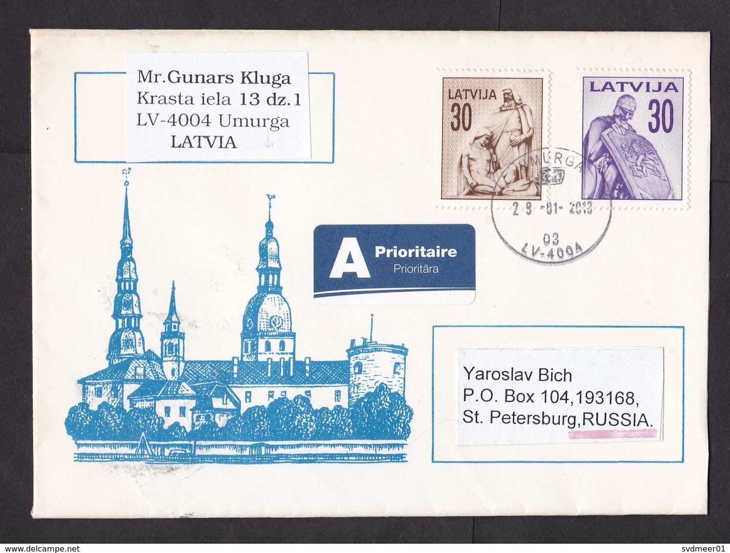 Latvia: Priority Cover Umurga To Russia, 2013, 2 Stamps, Statue, Art, A-label (traces Of Use) - Letland