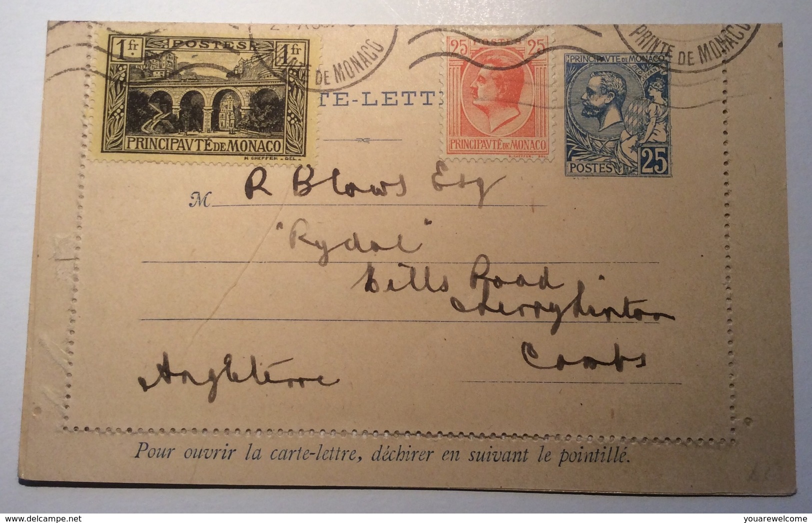 MONACO Entier Postal Carte Lettre 25c Albert 1er AFFRANCHISSEMENT MIXTE RARE AVEC LOUIS II  (cover Postal Stationery - Cartas & Documentos