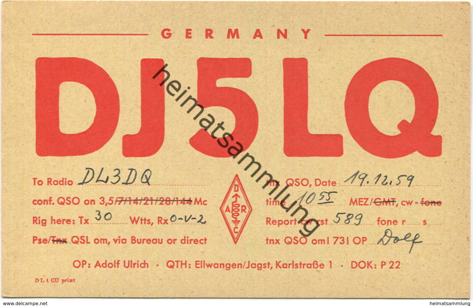 QSL - Funkkarte - DJ5LQ - 73479 Ellwangen / Jagst - 1959 - Amateurfunk