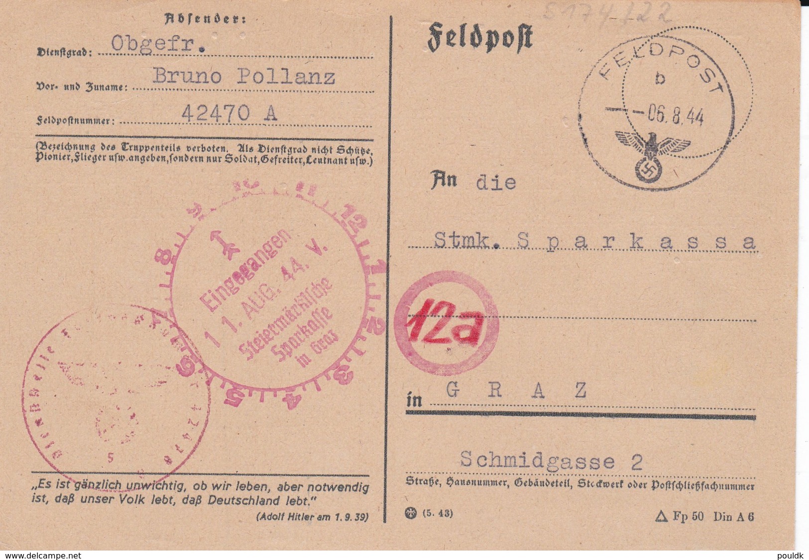 German Feldpost WW2: From Macedonia - Feldgendarmerie-Trupp 1111 FP 42470A P/m 6.8.1944 - Plain Postcard - Militaria