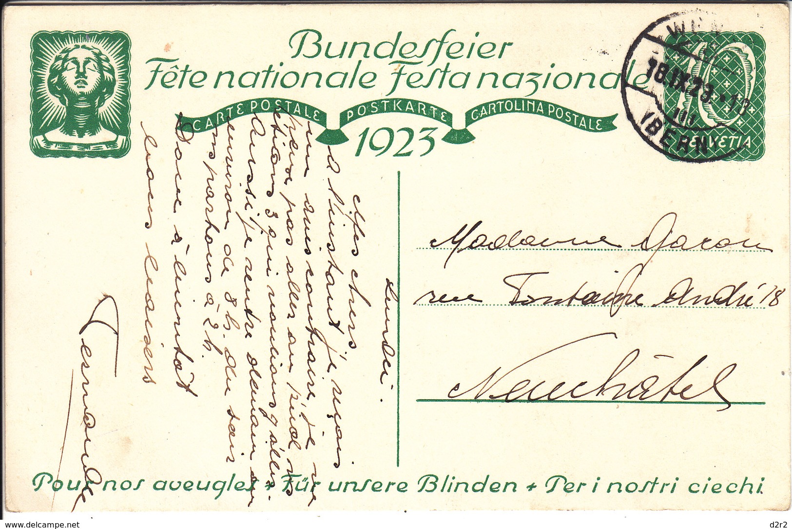 CARTE DE LA FETE NATIONALE SUISSE 1923 - NUM37 Obl  - COTE 8.--CHF - Interi Postali