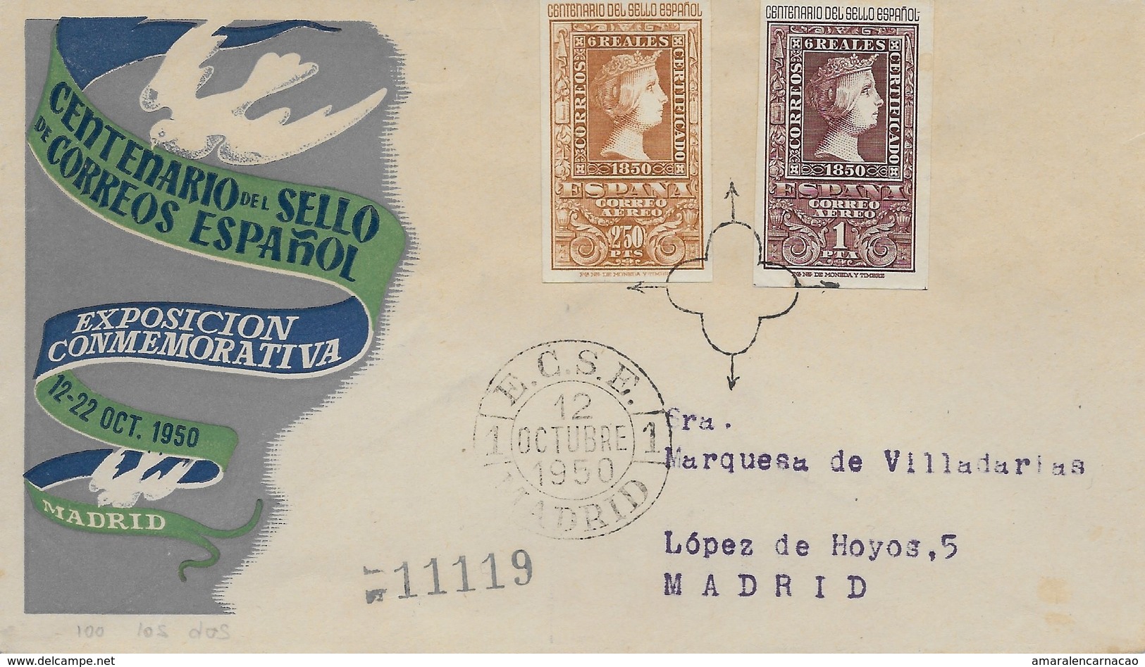 SELLOS-TIMBRES- CARTA CERTIFICADA CON OBLITERACIÓN DEL 1º. DÍA- ESPAGNE - ESPAÑA -1950 - CENTENARIO DEL SELLO ESPAÑOL - - Cartas & Documentos