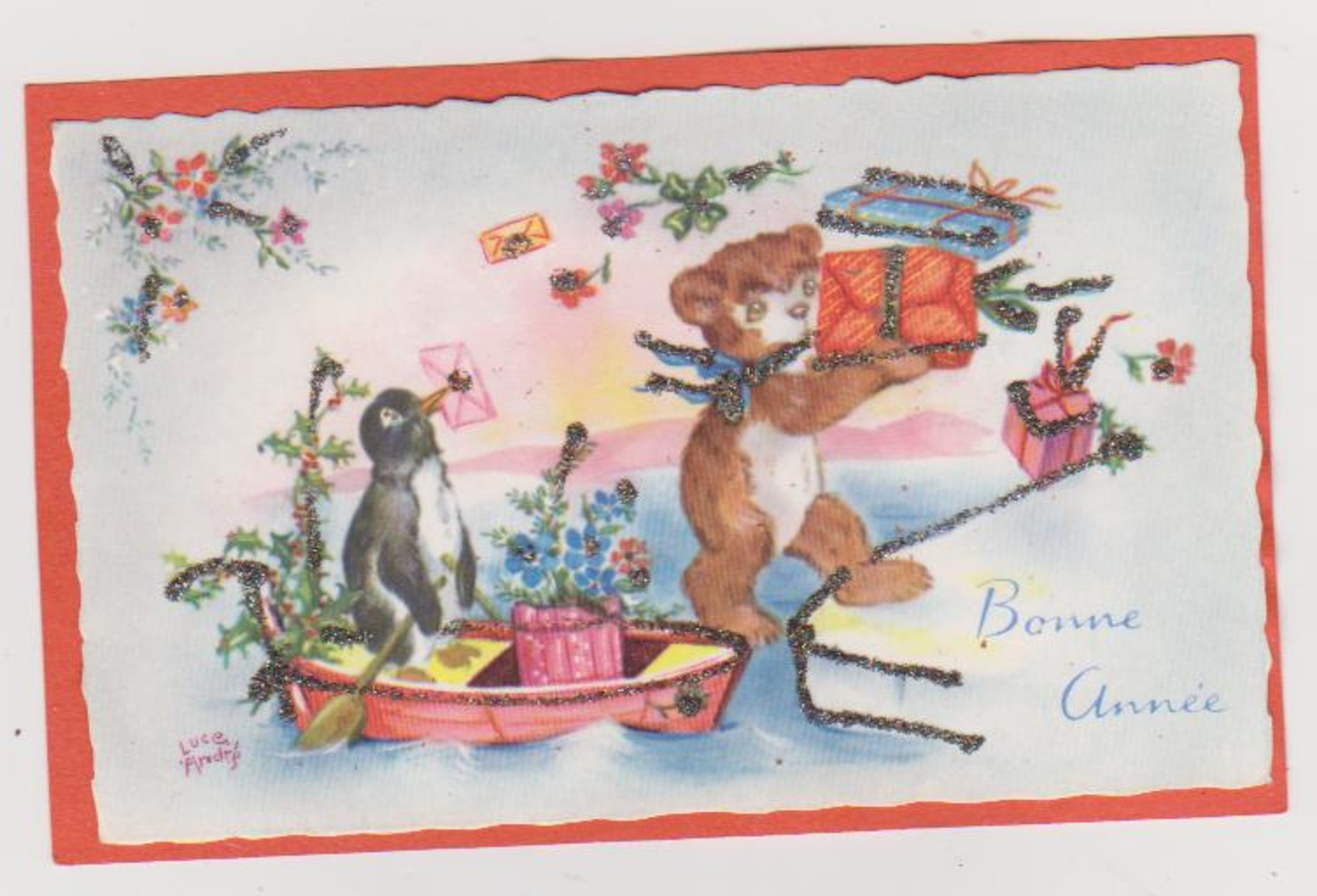 MIGNONETTE BONNE ANNEE . ILLUSTRATRICE LUCE ANDRE . BARQUE PINGOUIN HOUE NOUNOURS CADEAUX PAILLETTES - Nouvel An