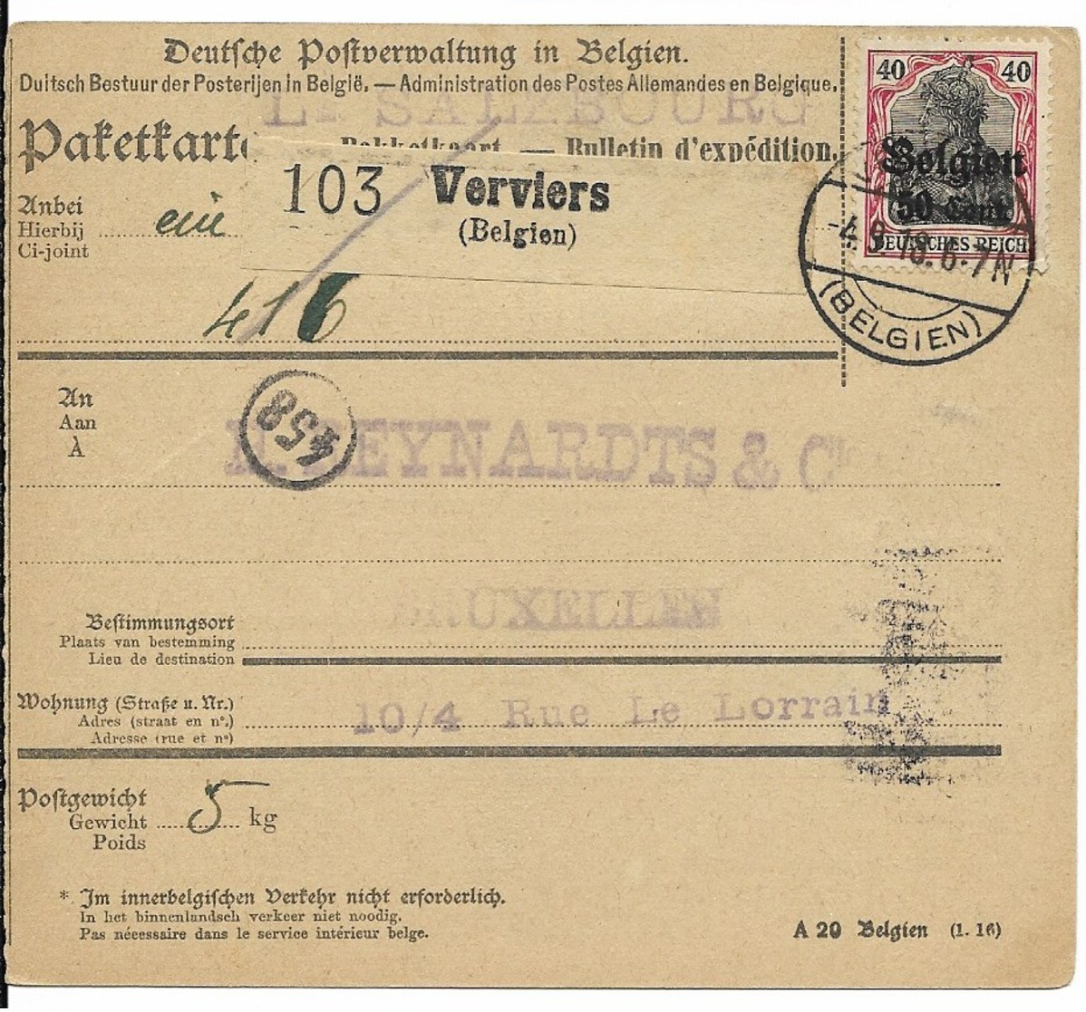 Pakketkaart Met Nr 20 En Verso 14 Van 4.9.18 Van VERVIERS Naar Brussel 2 - OC1/25 Gouvernement Général