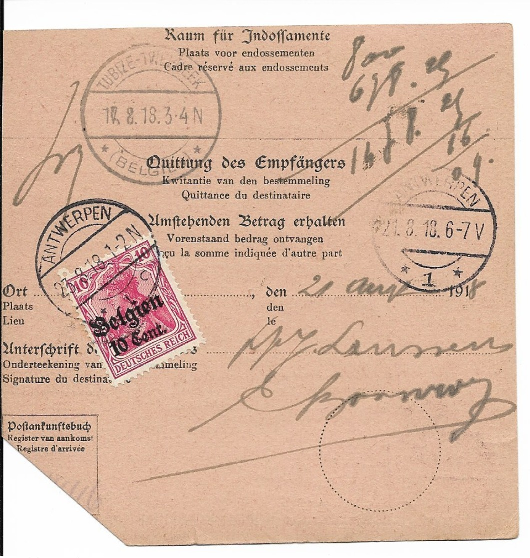 Postwissel Met Nr 18 En 20 En Verso 14 Van 17.8.18 Van Tubize-Tweebeek Naar Antwerpen1 - OC1/25 Gouvernement Général