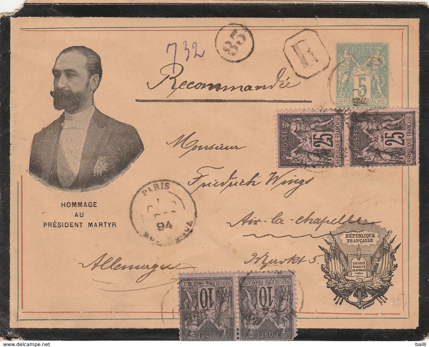 France Entier Postal Illustré TSC Recommandé Pour L'Allemagne 1894 - Enveloppes Types Et TSC (avant 1995)