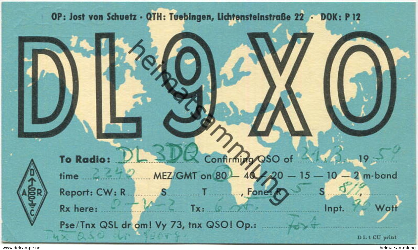 QSL - Funkkarte - DL9XO - 7207. Tübingen - 1959 - Amateurfunk