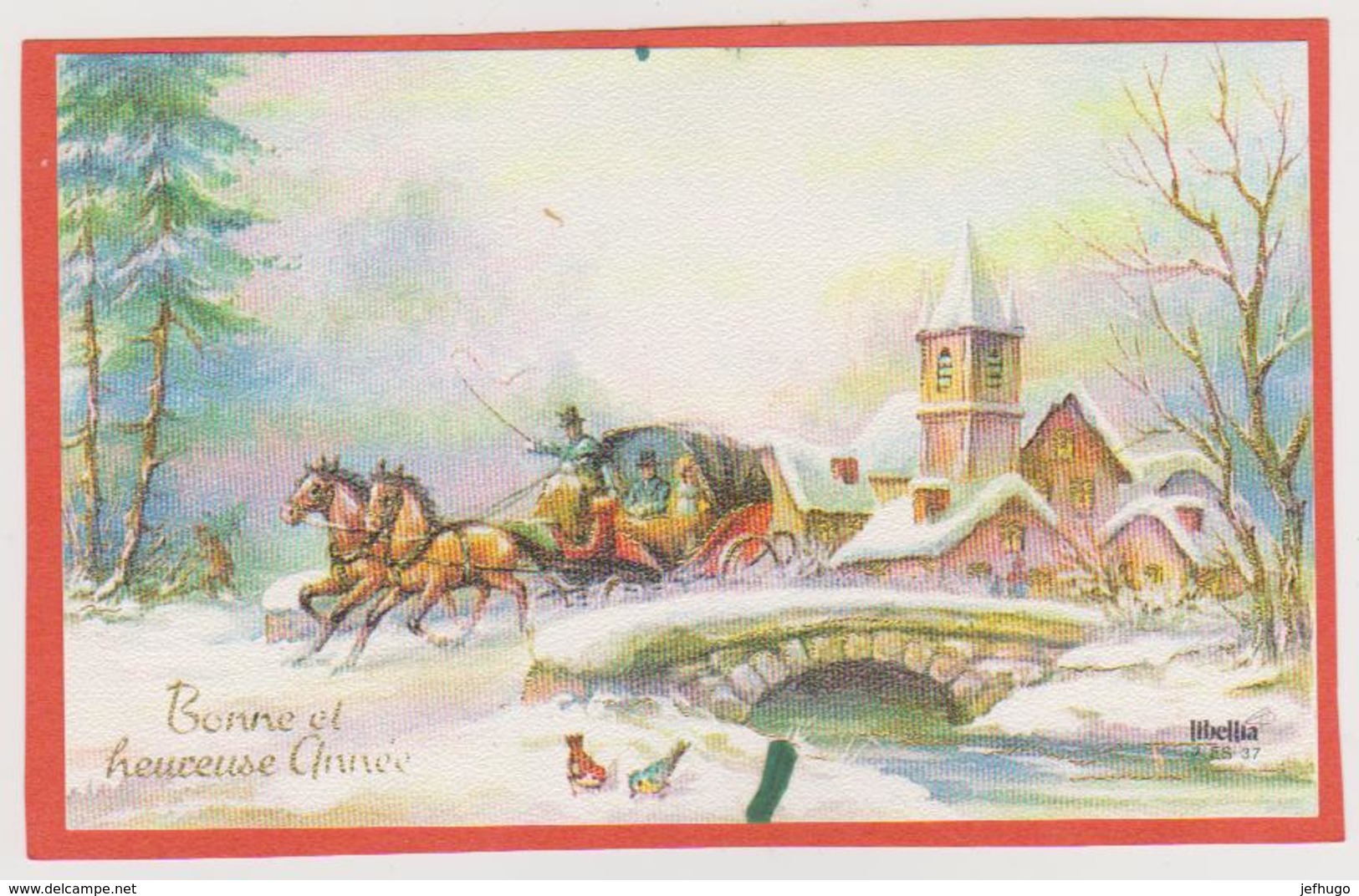 816 - CARTEBONNE ET HEUREUSE ANNEE .RUISSEAU PONT VILLAGE EGLISE CHEVAUX COCHER PASSAGERS PAYSAGE ENNEIGE - Nouvel An