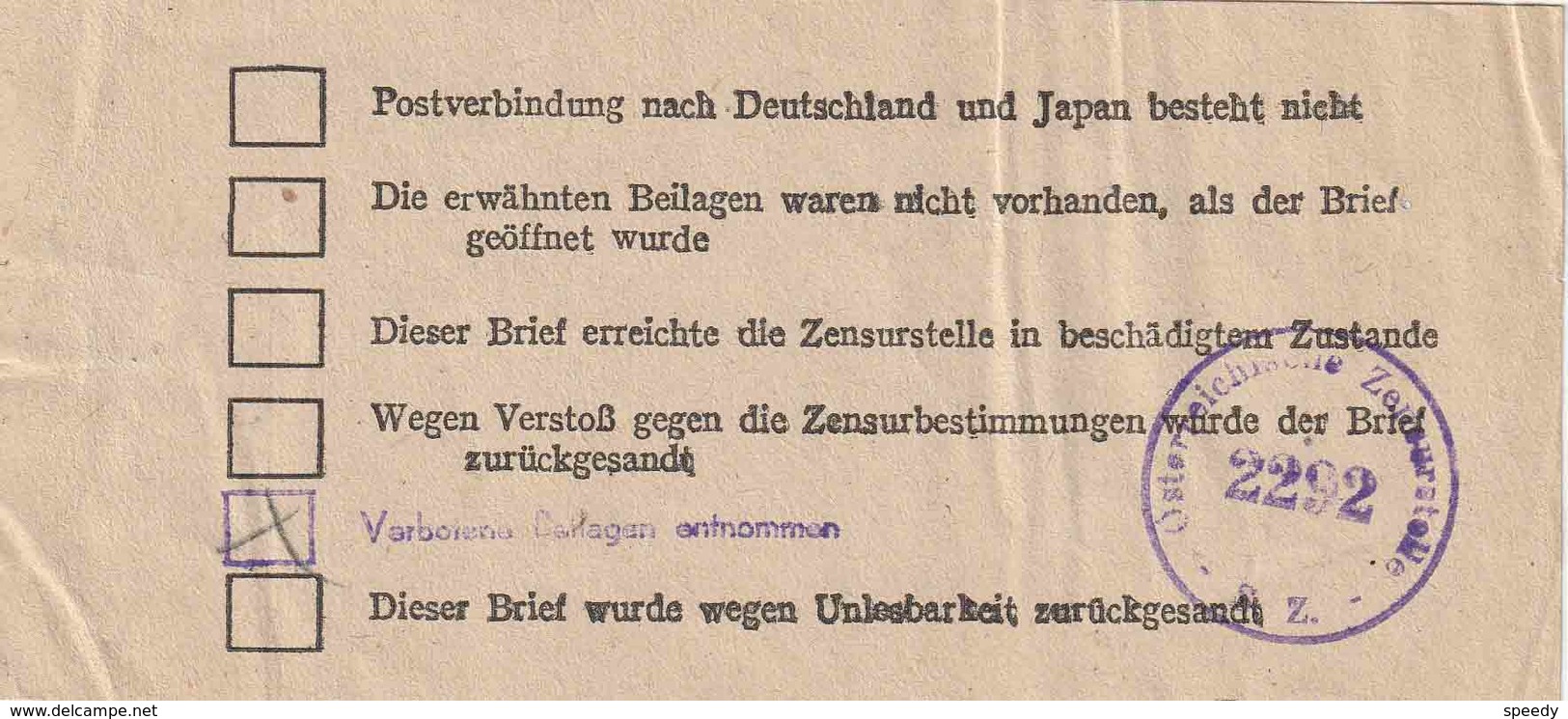 Zensur NACHKRIEGSZENSUR ÔSTERREICH SOWJET ZONE  "EINLAGE ZETTEL" !!! Stempel (Wolter 10) "Verbotene Beilagen Entnommen" - Autres & Non Classés