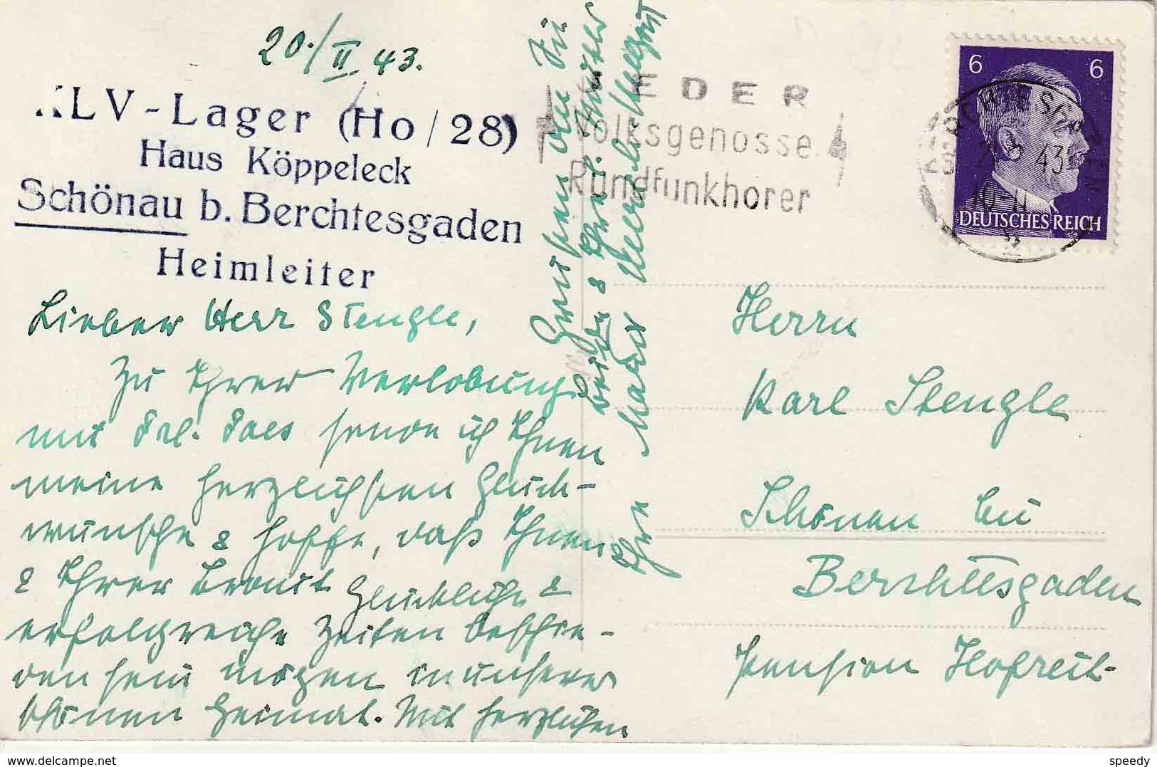 2. Weltkrieg / WO 2  AK "BERCHTESGADEN 21.2.43" + Violet " KLV - Lager (Ho / 28) Haus Köppeleck / SCHÖNAU  / Heimleiter - Autres & Non Classés