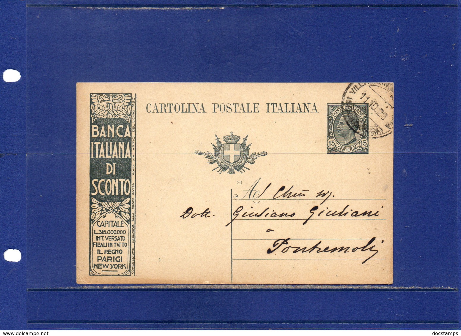 ##(ANTOC1)-1920-Cartolina Postale Pubblicitaria "Banca Italiana Di Sconto" Cent.15 Da Villafranca Lunigiana A Pontremoli - Marcophilia