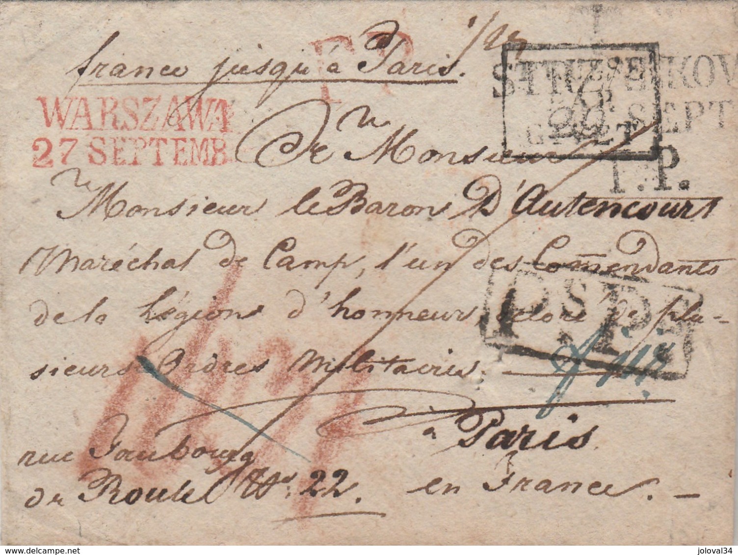 RARE Lettre SANS CORRESPONDANCE POLOGNE STRZ..KOV + WARSZAWA 1821 , Pour Baron D' Autencourt Paris Franc Jusqu'à Paris - ...-1860 Préphilatélie