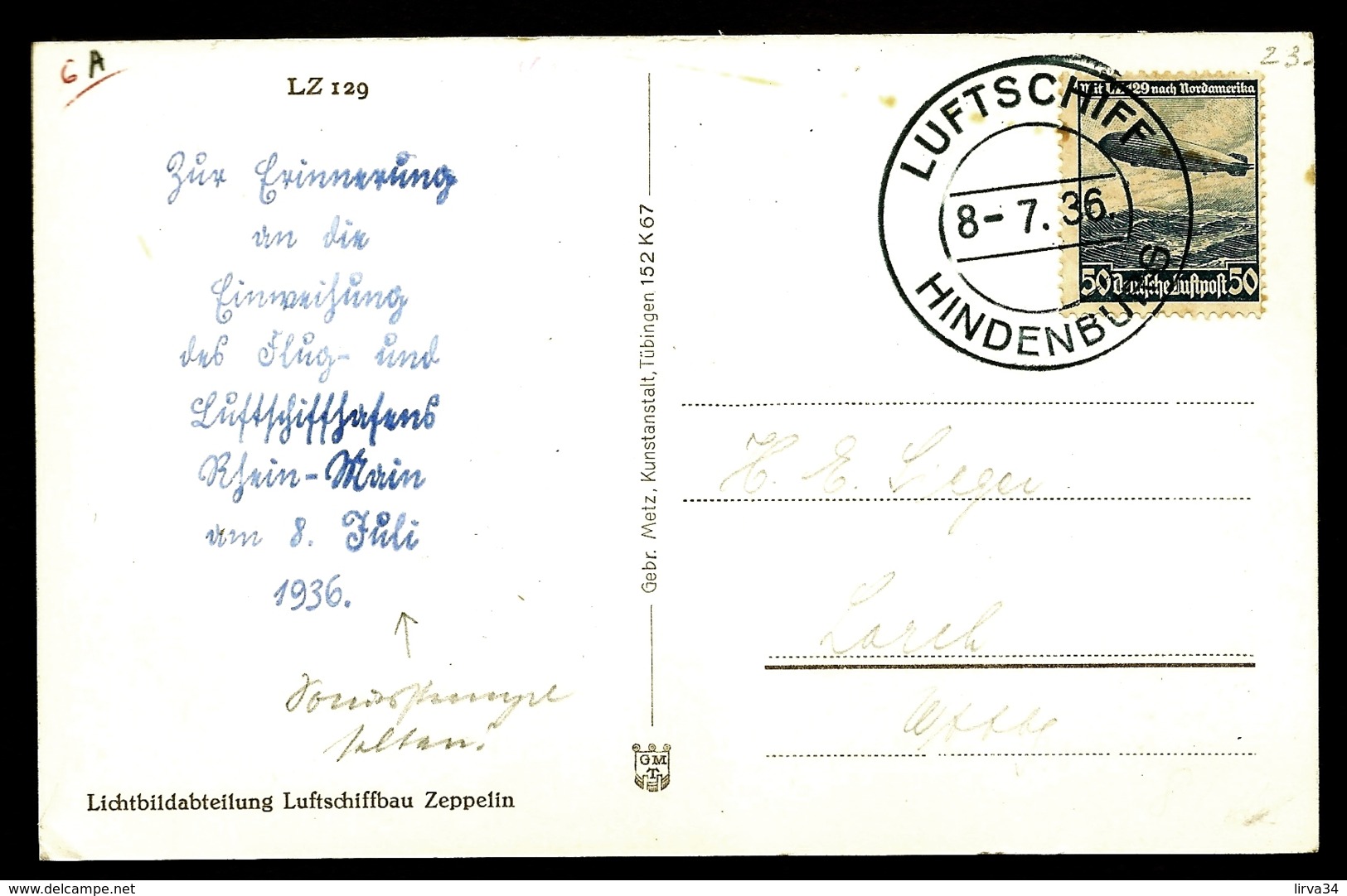 POSTE AÉRIENNE PAR ZEPPELIN HINDENBURG 1936- CARTE SOUVENIR VOYAGE RHEIN-MAIN- 8-6-36- 2 SCANS - Airmail & Zeppelin