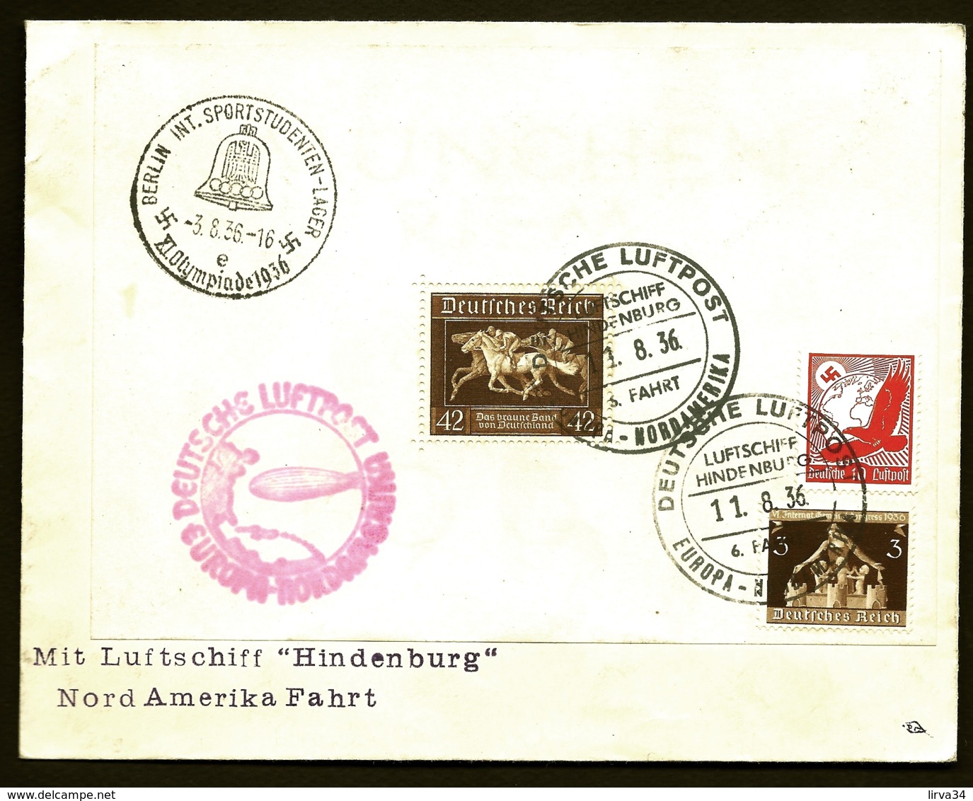 POSTE AÉRIENNE PAR ZEPPELIN HINDENBURG 1936- 6° VOYAGE RETOUR AMERIQUE NORD PAR BERLIN- 11-8-36- 2 SCANS - Poste Aérienne & Zeppelin