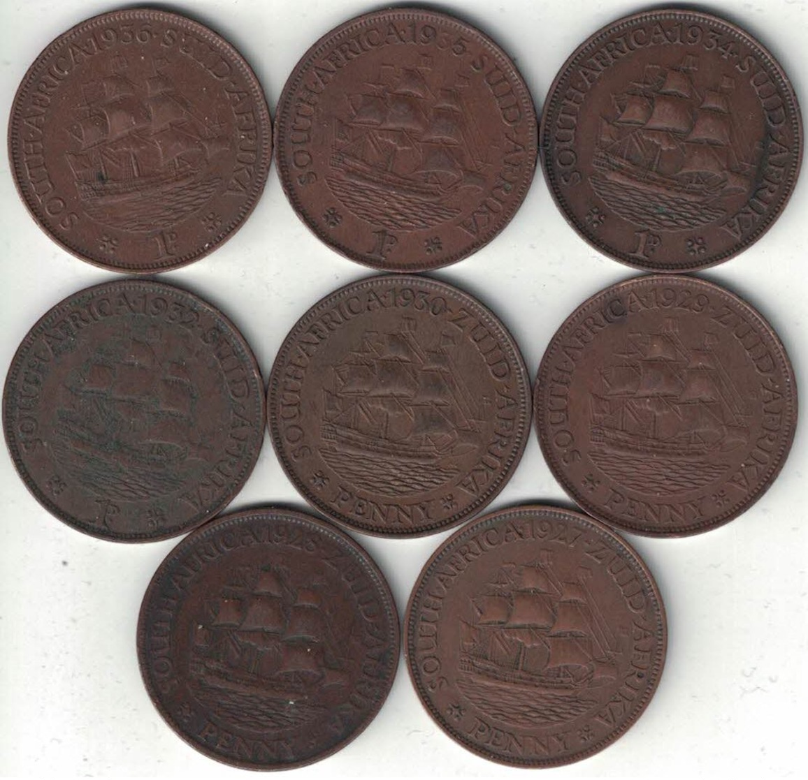 South Africa Collection Of 8 King George V Penny Coins 1927-1936 All Listed & Different - South Africa