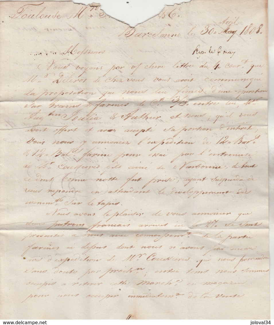 Lettre De Barcelone 30/4/1808 Marque Postale B CATALUNA + Marque Entrée Espagne Par Perpignan Pour Bousquet Toulouse - 1701-1800: Précurseurs XVIII