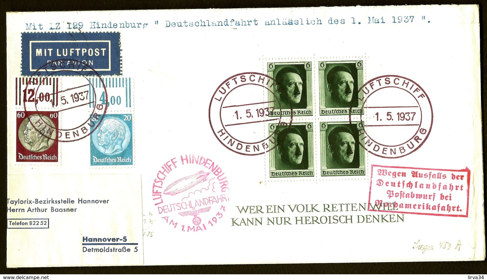 POSTE AÉRIENNE PAR ZEPPELIN HINDENBURG 1937- VOYAGE EN ALLEMAGNE ANNULÉ LE 1-5-37 + DOC- 3 SCANS - Luft- Und Zeppelinpost