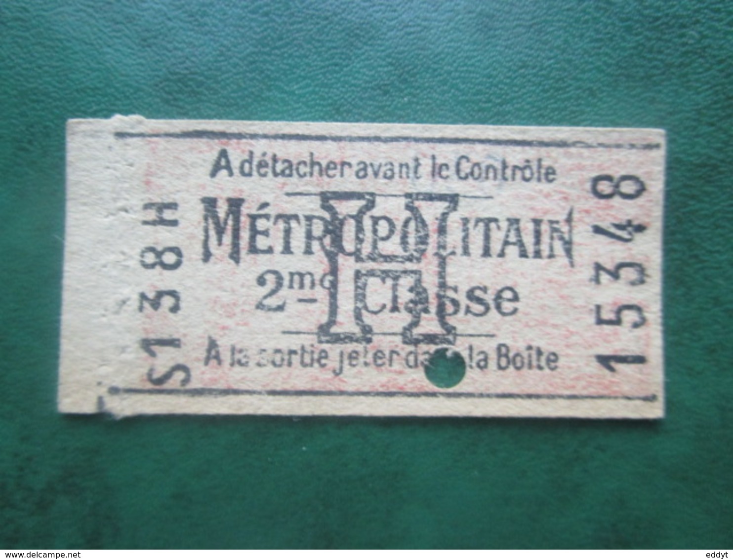 ANCIEN TICKET Métro METROPOLITAIN " H " 2° Classe - PARIS 1938 - TBE - World