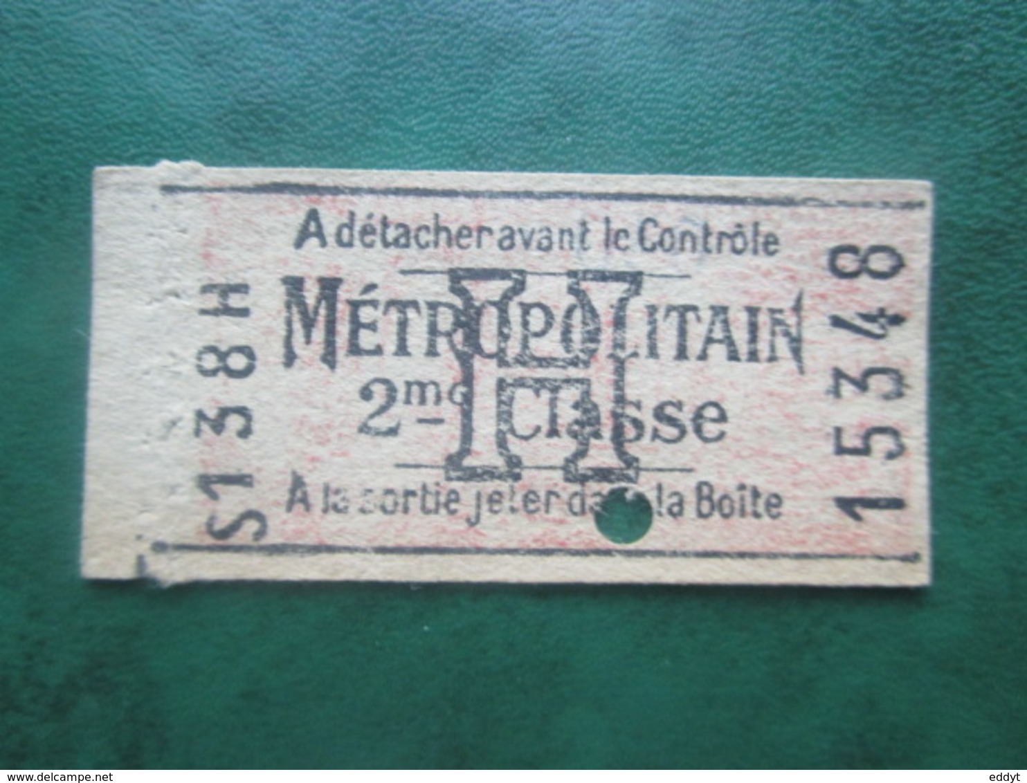 ANCIEN TICKET Métro METROPOLITAIN " H " 2° Classe - PARIS 1938 - TBE - Mundo